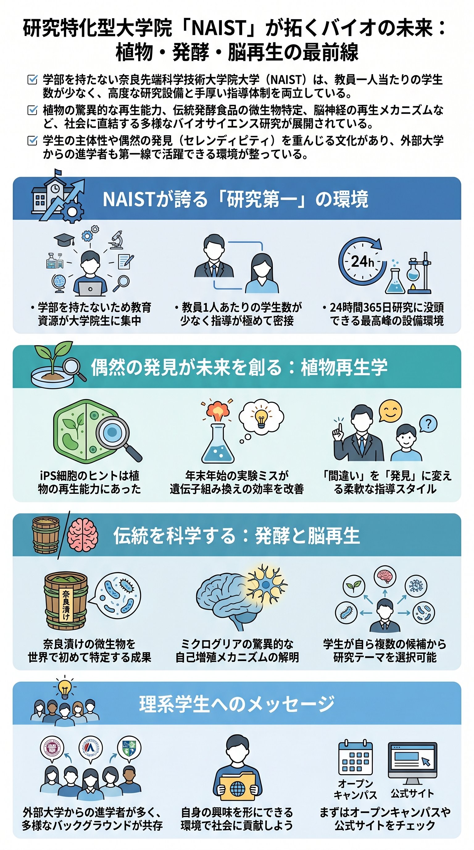 研究特化型大学院「NAIST」が拓くバイオの未来：植物・発酵・脳再生の最前線 - 1分でわかるスライド要約 (manabi)