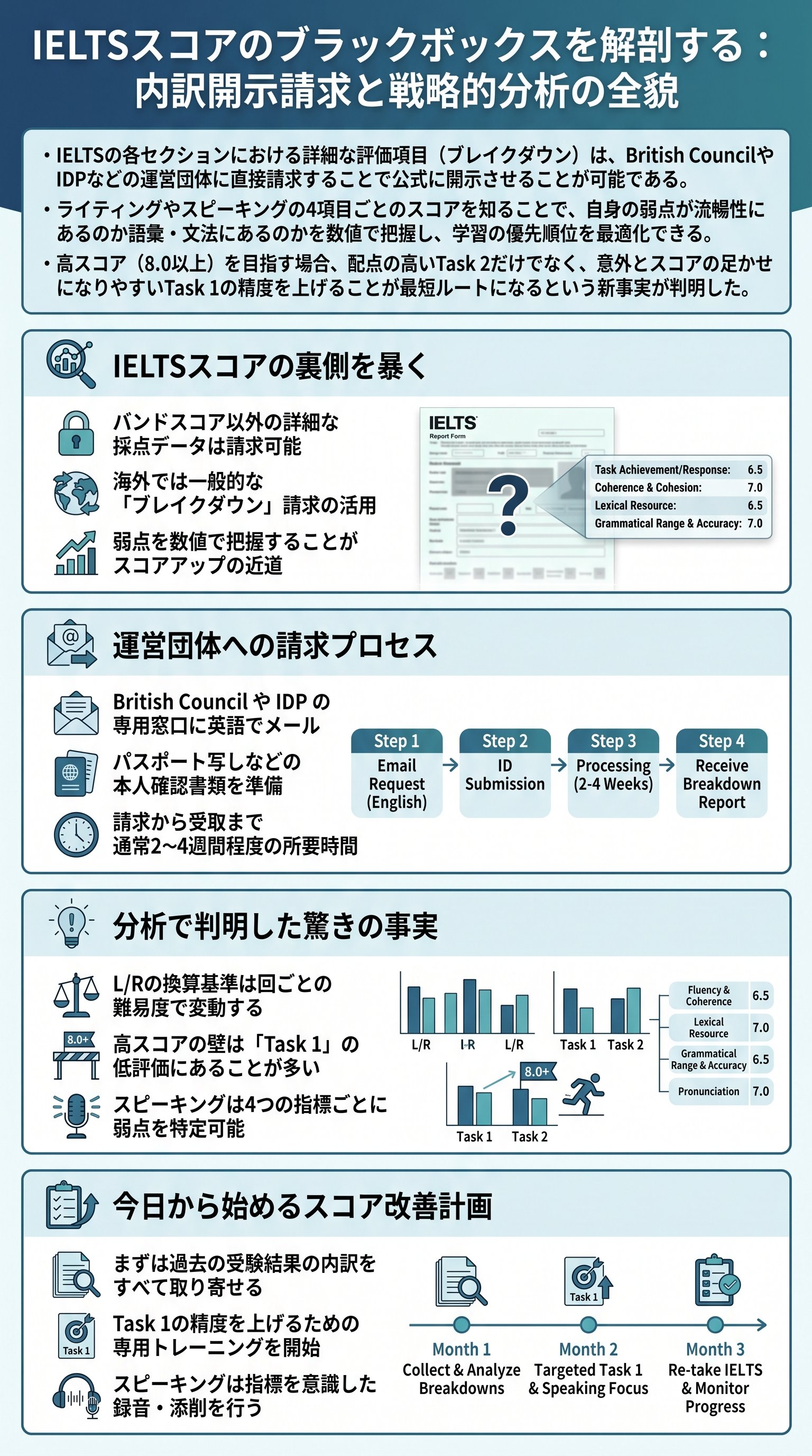 IELTSスコアのブラックボックスを解剖する：内訳開示請求と戦略的分析の全貌 - 1分でわかるスライド要約 (manabi)