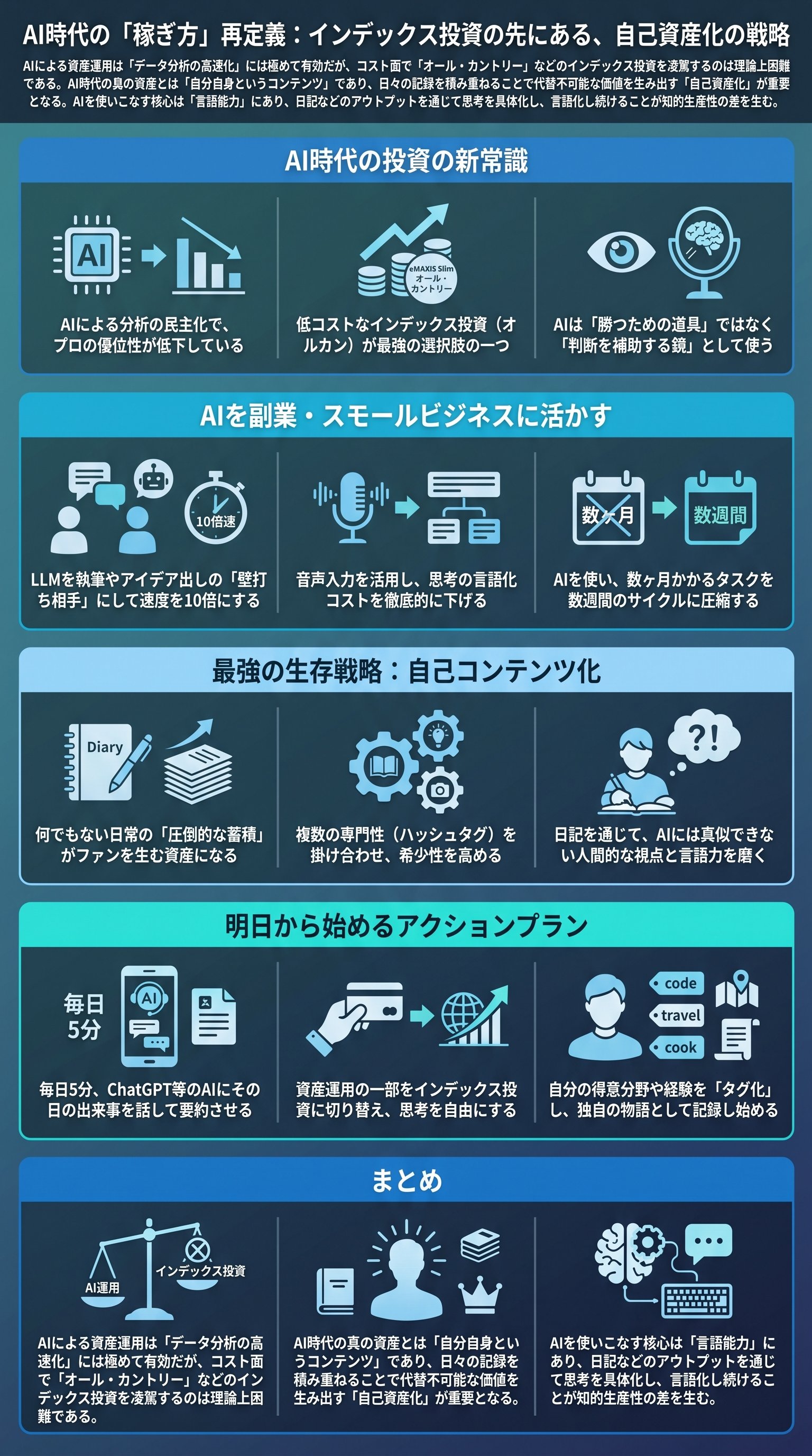 AI時代の「稼ぎ方」再定義:インデックス投資の先にある、自己資産化の戦略を要約 - 1分でわかるスライド要約 (manabi)