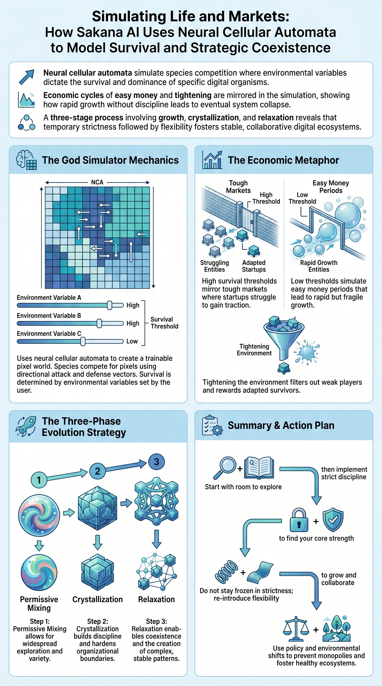 Simulating Life and Markets: How Sakana AI Uses Neural Cellular Automata to Model Survival and Strategic Coexistence - 1分でわかるスライド要約 (manabi)