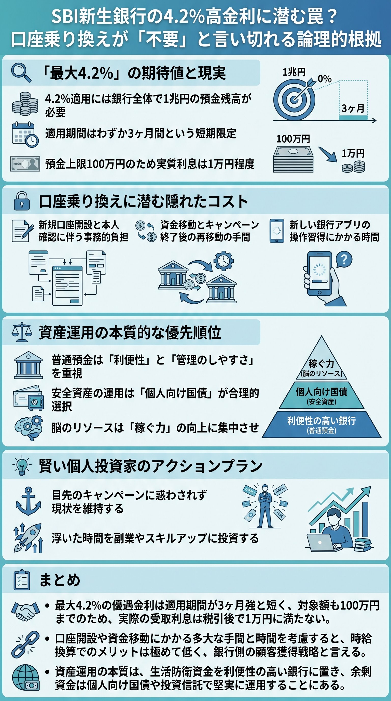 SBI新生銀行の4.2%高金利に潜む罠？口座乗り換えが「不要」と言い切れる論理的根拠 - 1分でわかるスライド要約 (manabi)