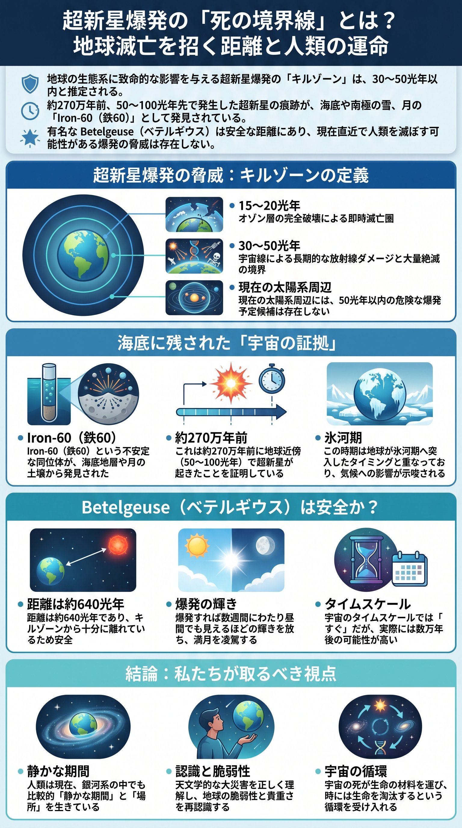 超新星爆発の「死の境界線」とは？地球滅亡を招く距離と人類の運命 - 1分でわかるスライド要約 (manabi)