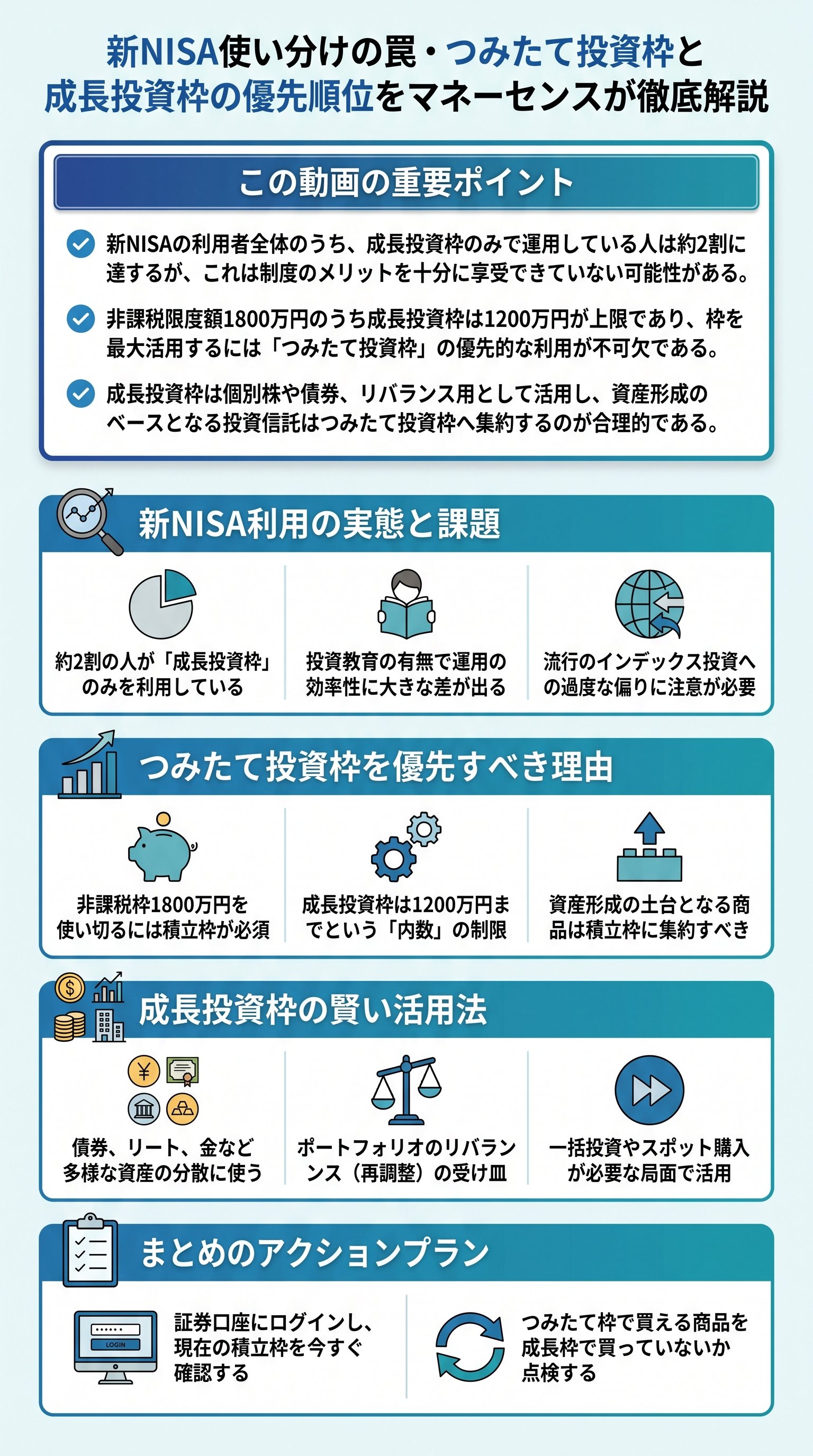 新NISA使い分けの罠・つみたて投資枠と成長投資枠の優先順位をマネーセンスが徹底解説 - 1分でわかるスライド要約 (manabi)