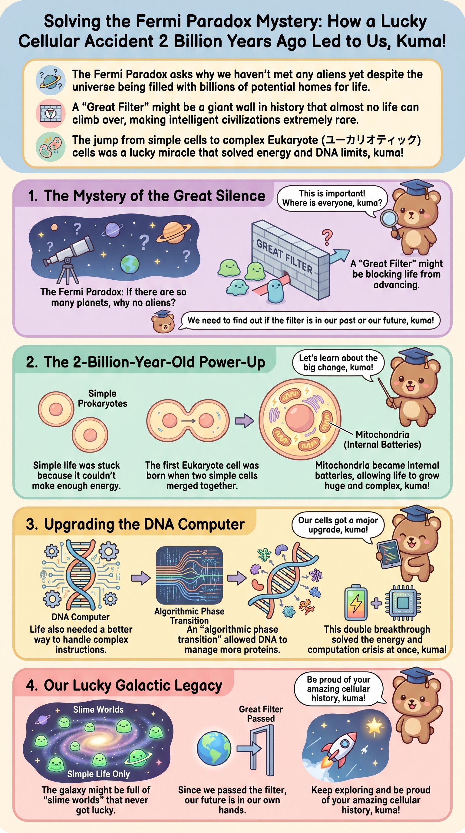 Solving the Fermi Paradox Mystery: How a Lucky Cellular Accident 2 Billion Years Ago Led to Us, Kuma! - 1分でわかるスライド要約 (manabi)