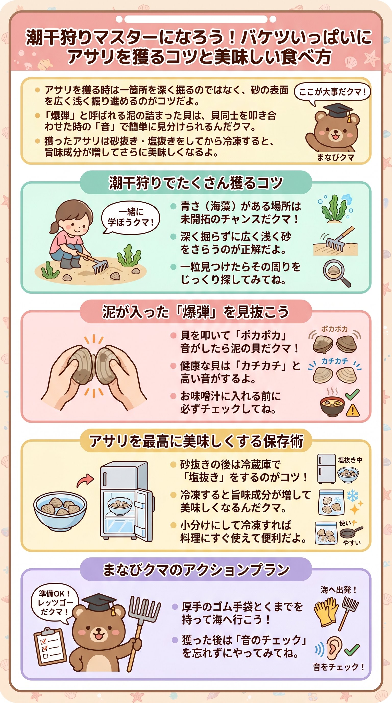 潮干狩りの極意・アサリ爆弾の見分け方と保存法をきまぐれクックが要約 - 1分でわかるスライド要約 (manabi)