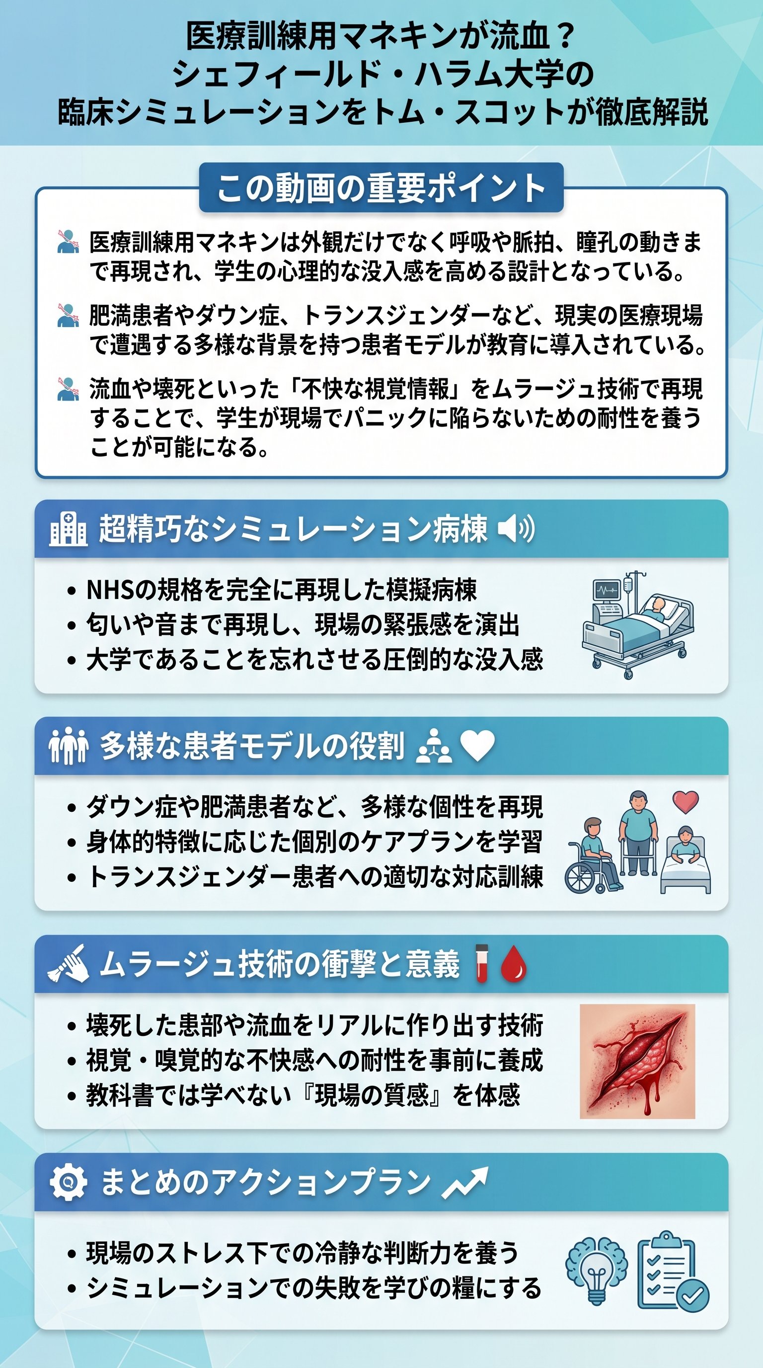 医療訓練用マネキンが流血？シェフィールド・ハラム大学の臨床シミュレーションをトム・スコットが徹底解説 - 1分でわかるスライド要約 (manabi)