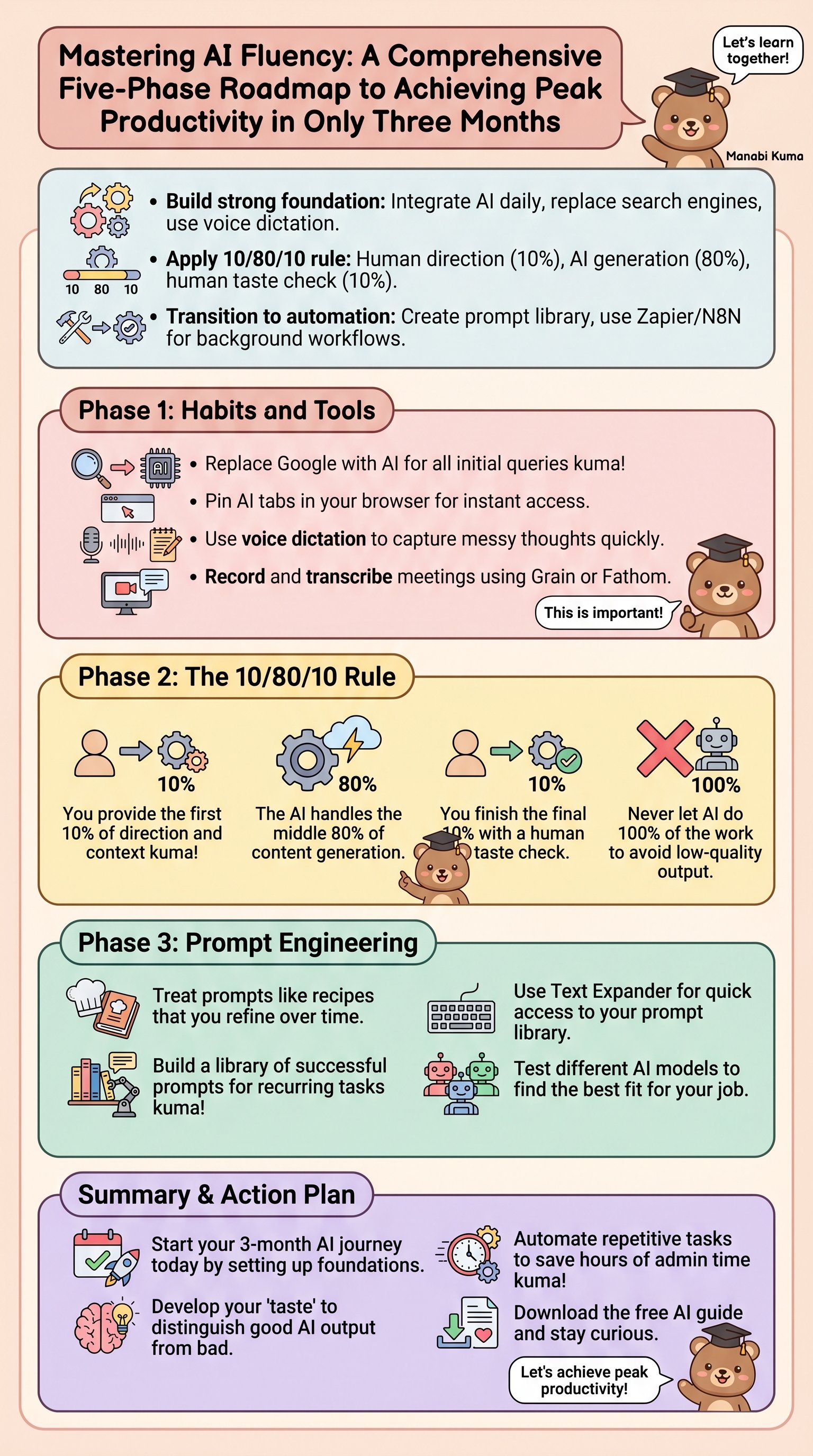 Mastering AI Fluency: A Comprehensive Five-Phase Roadmap to Achieving Peak Productivity in Only Three Months - 1分でわかるスライド要約 (manabi)