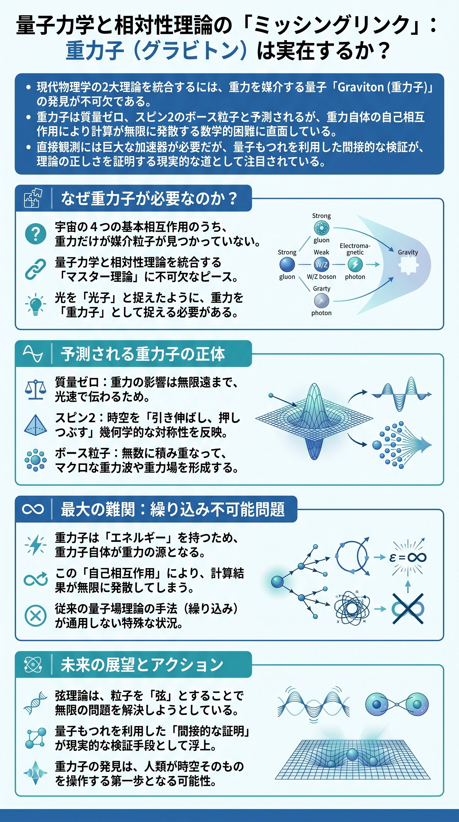 量子力学と相対性理論の「ミッシングリンク」：重力子（グラビトン）は実在するか？ - 1分でわかるスライド要約 (manabi)