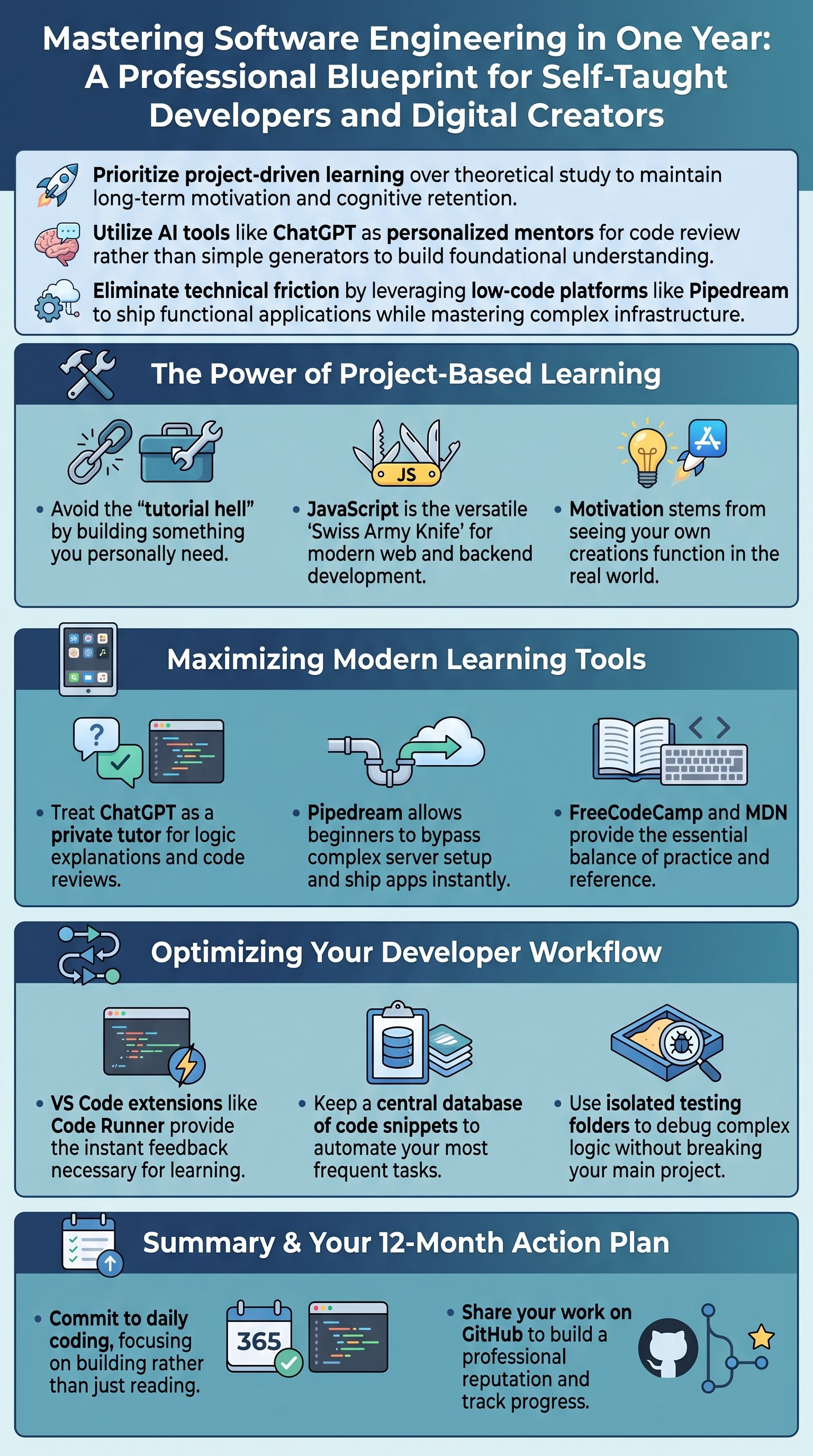 Mastering Software Engineering in One Year: A Professional Blueprint for Self-Taught Developers and Digital Creators - 1分でわかるスライド要約 (manabi)