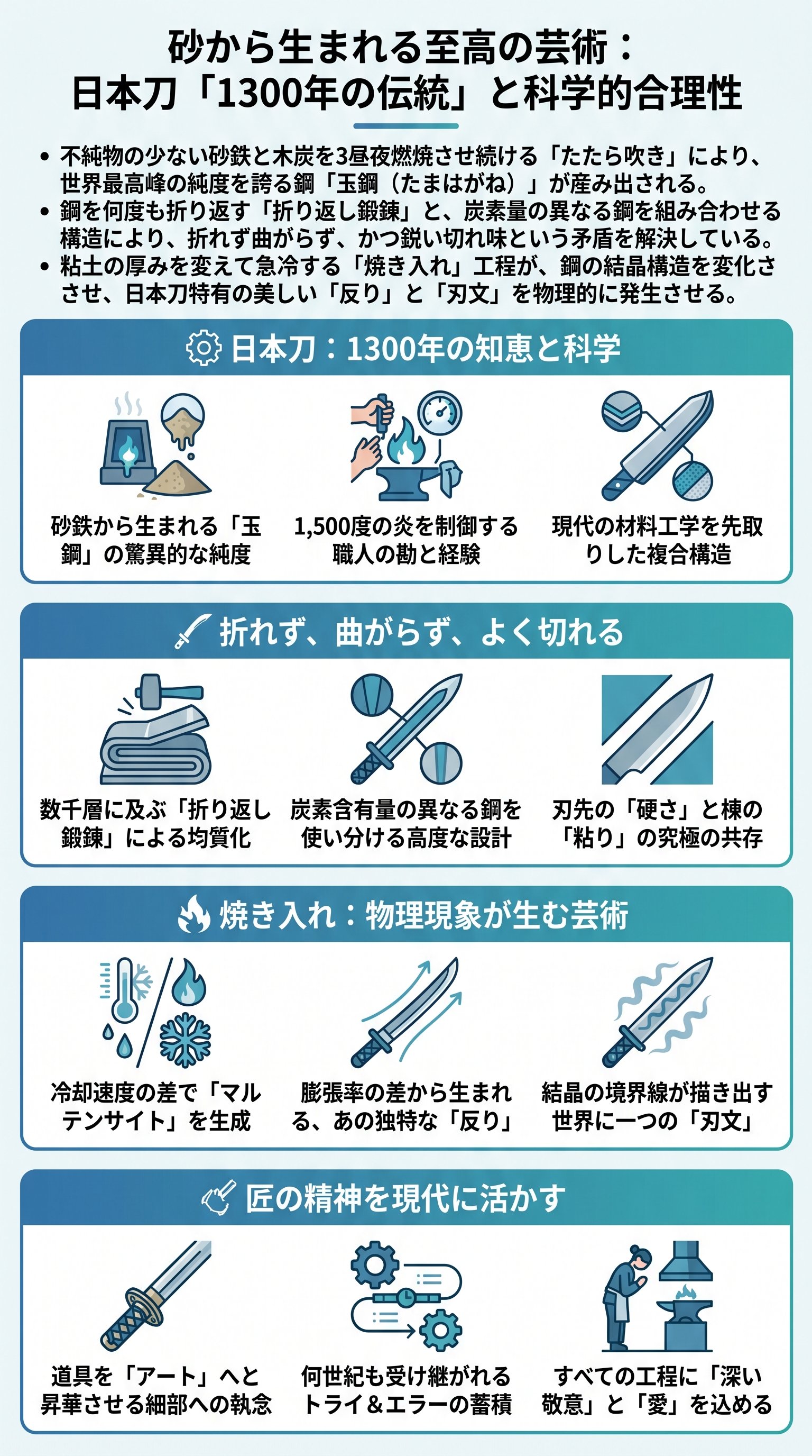 砂から生まれる至高の芸術：日本刀「1300年の伝統」と科学的合理性 - 1分でわかるスライド要約 (manabi)