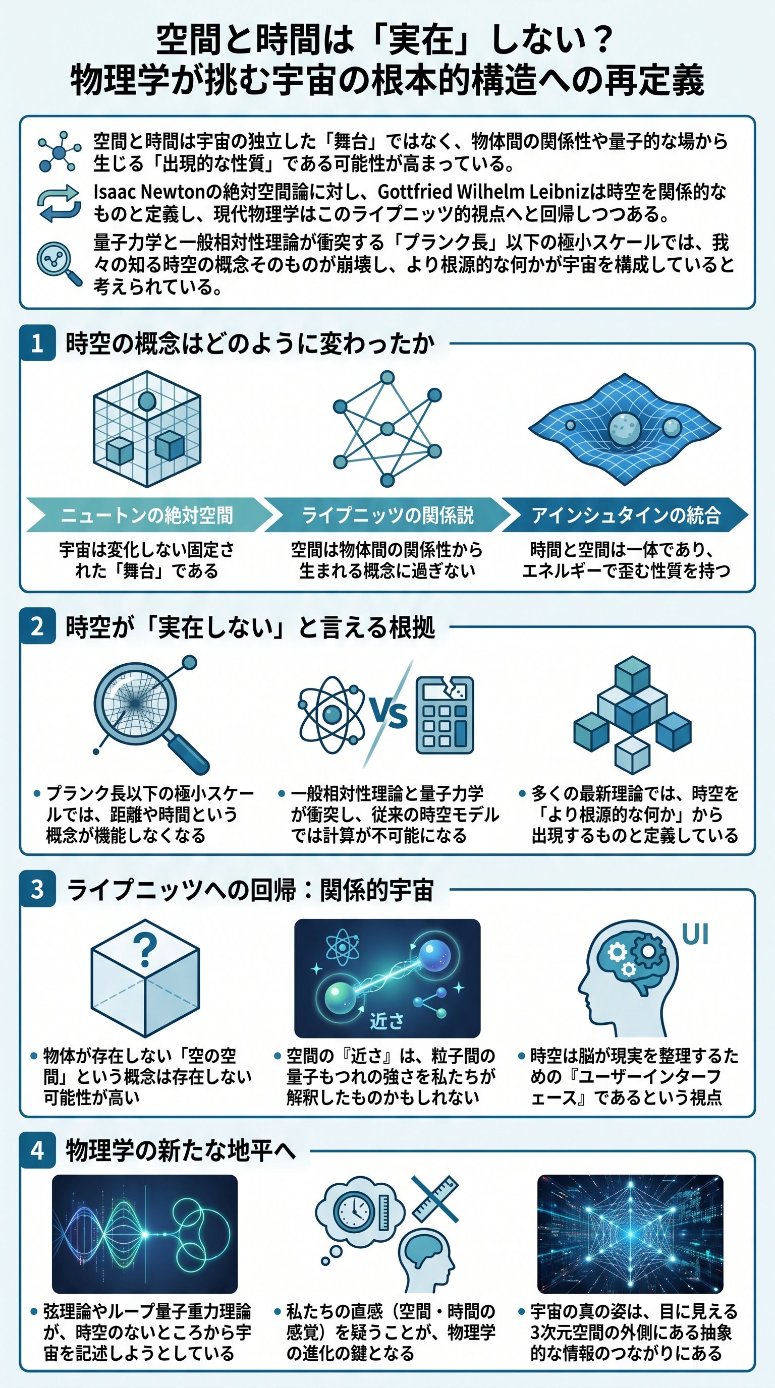 空間と時間は「実在」しない？物理学が挑む宇宙の根本的構造への再定義 - 1分でわかるスライド要約 (manabi)