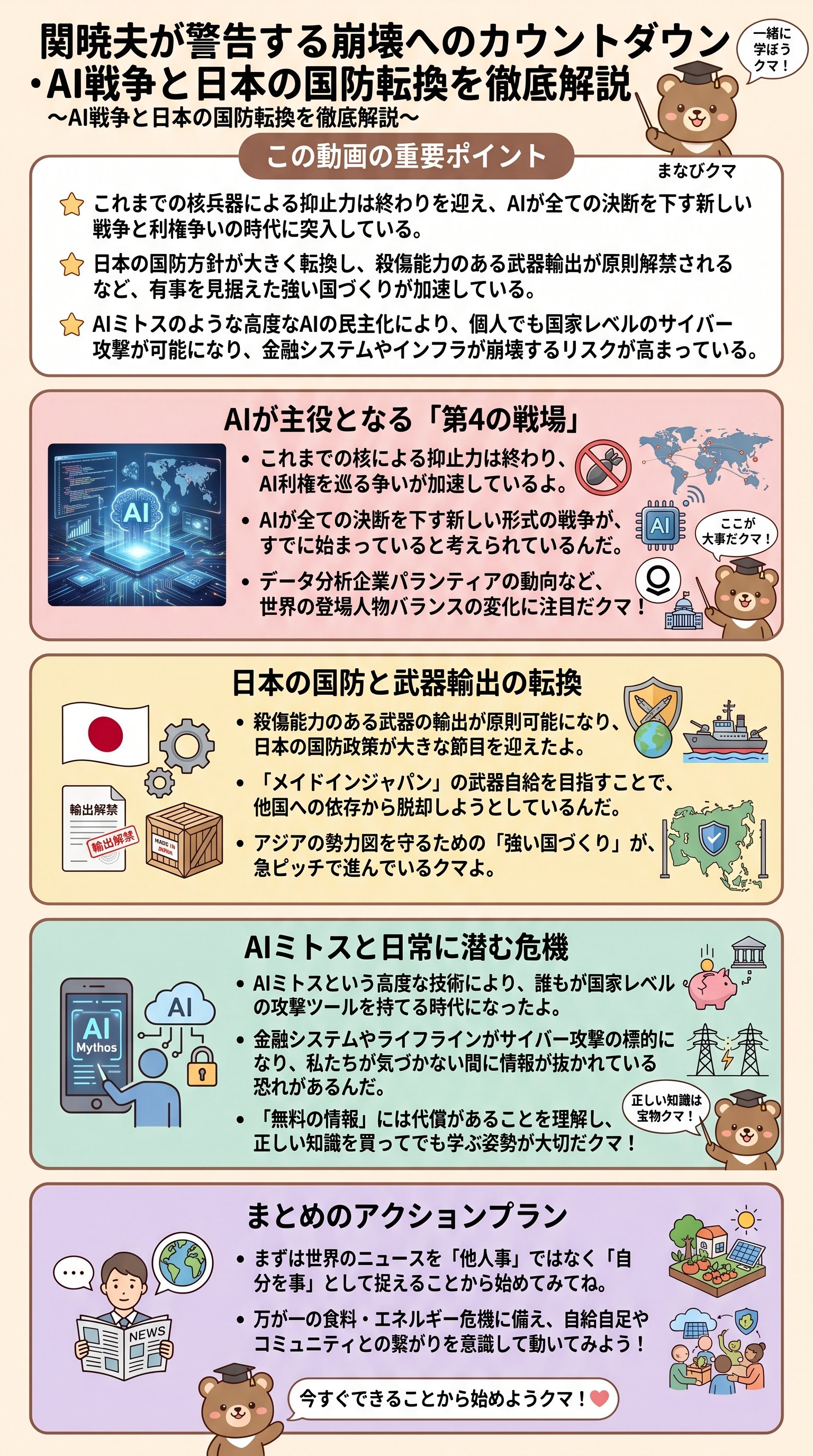 関暁夫の崩壊へのカウントダウンとは?AI戦争と日本の国防転換を分かりやすく解説 - 1分でわかるスライド要約 (manabi)