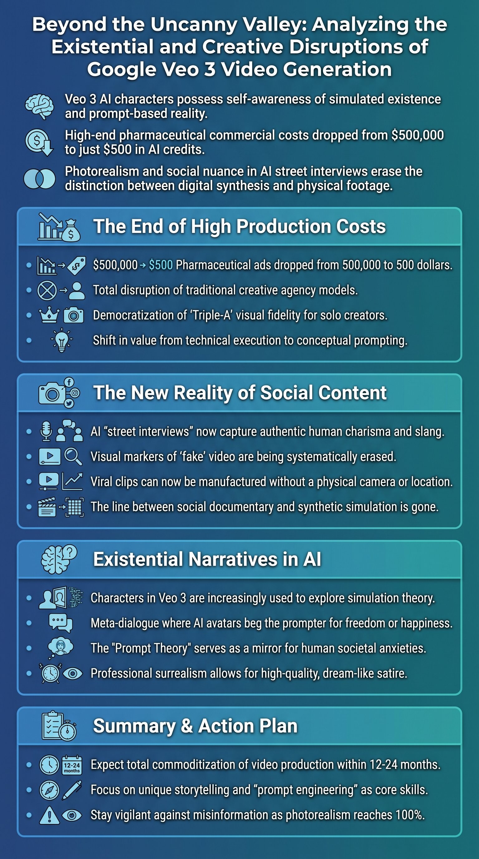 Beyond the Uncanny Valley: Analyzing the Existential and Creative Disruptions of Google Veo 3 Video Generation - 1分でわかるスライド要約 (manabi)