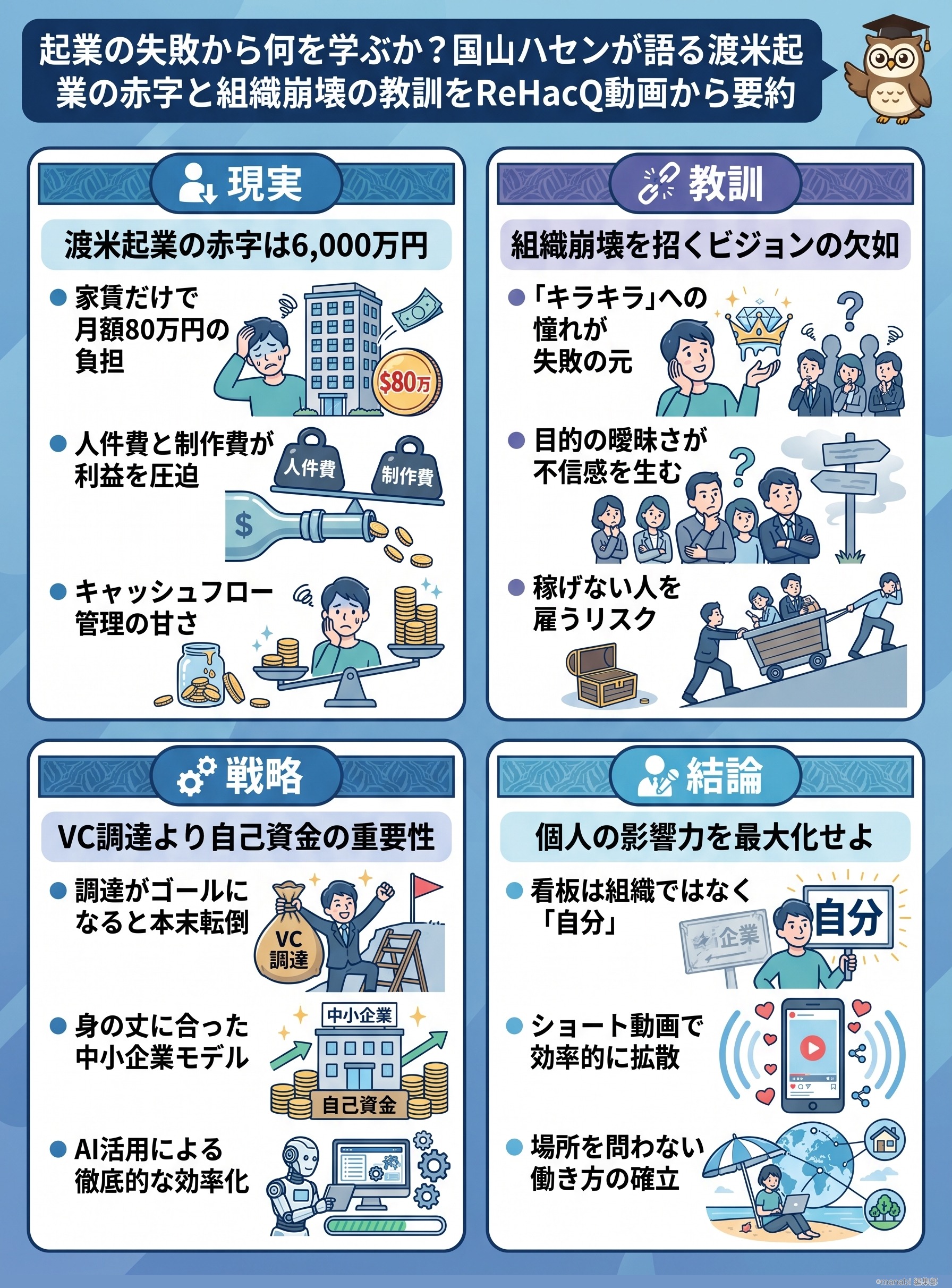 起業の失敗から何を学ぶか？国山ハセンが語る渡米起業の赤字と組織崩壊の教訓をReHacQ動画から要約 - 1分でわかるスライド要約 (manabi)