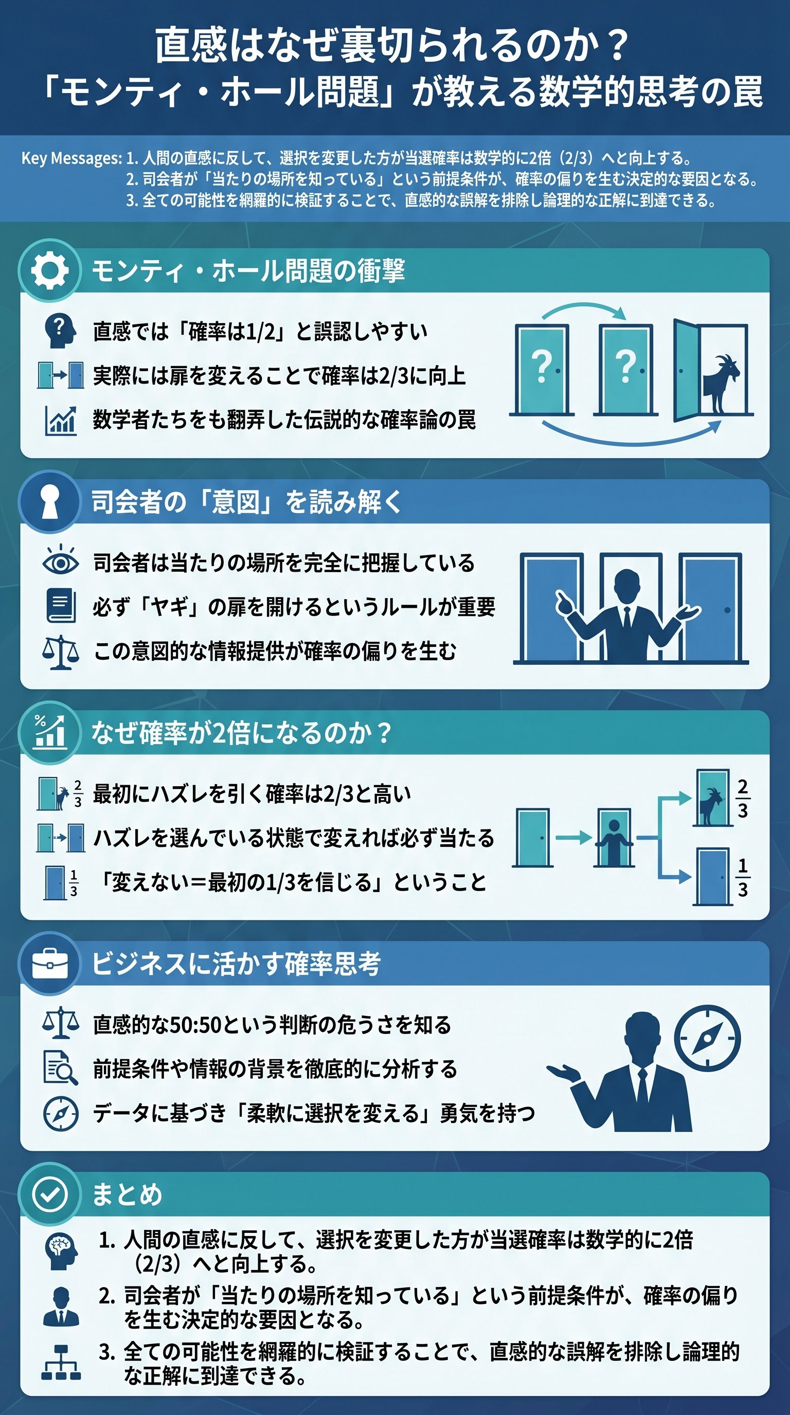 直感はなぜ裏切られるのか？「モンティ・ホール問題」が教える数学的思考の罠を要約 - 1分でわかるスライド要約 (manabi)