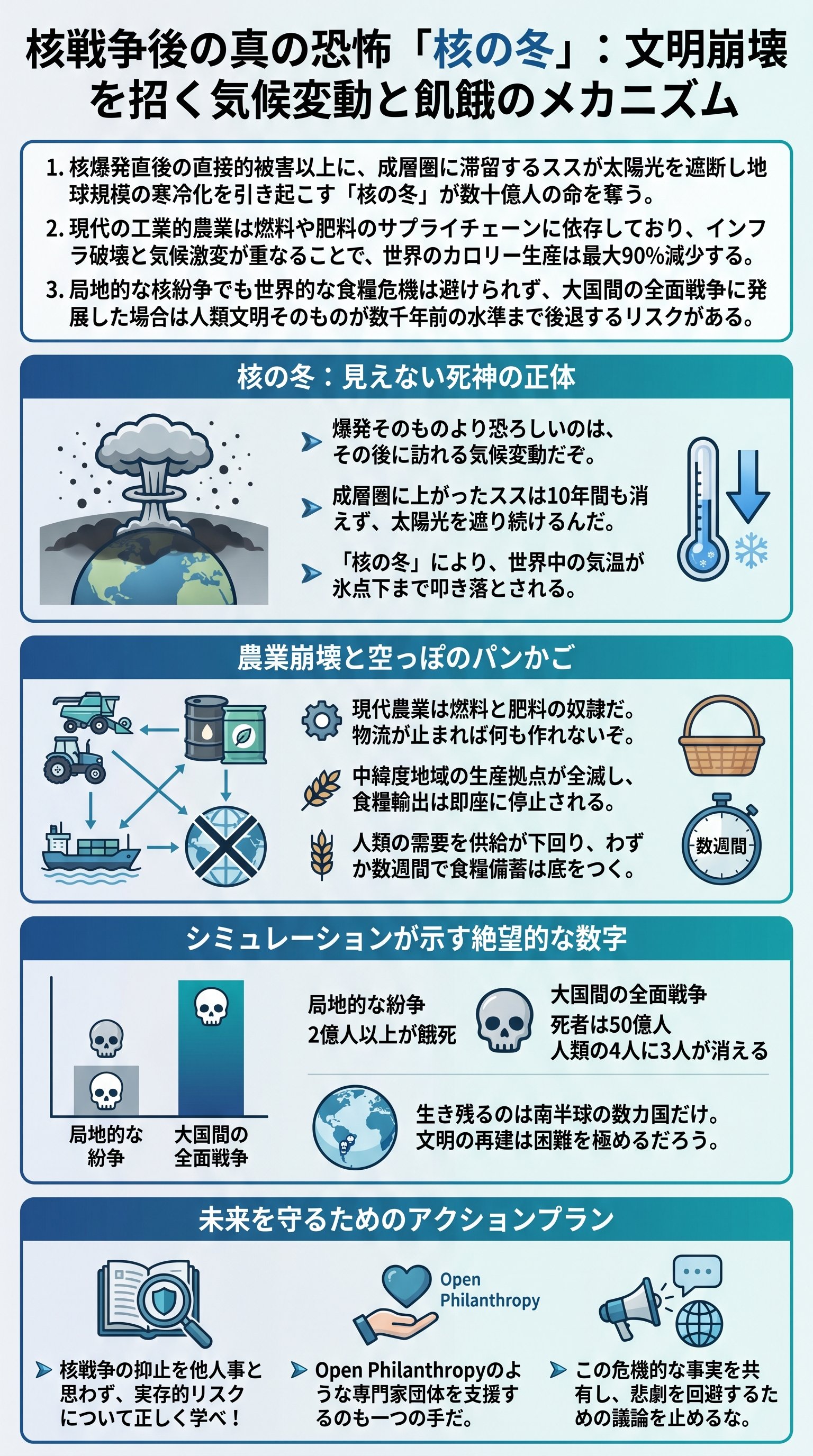 核戦争後の真の恐怖「核の冬」：文明崩壊を招く気候変動と飢餓のメカニズム - 1分でわかるスライド要約 (manabi)