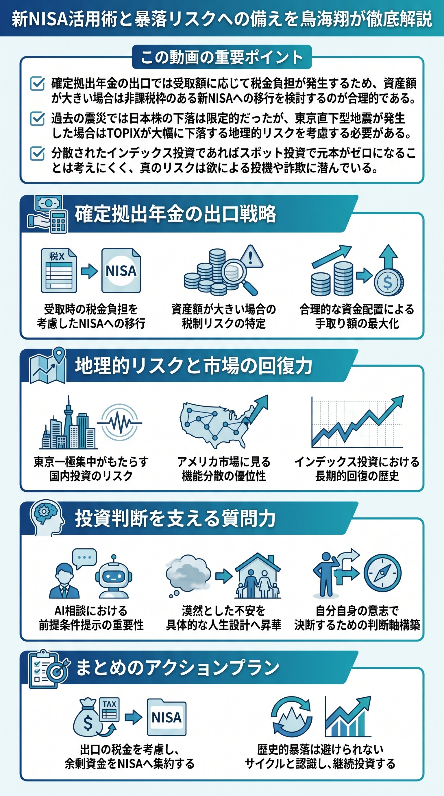 新NISA活用術と暴落リスクへの備えを鳥海翔が徹底解説 - 1分でわかるスライド要約 (manabi)