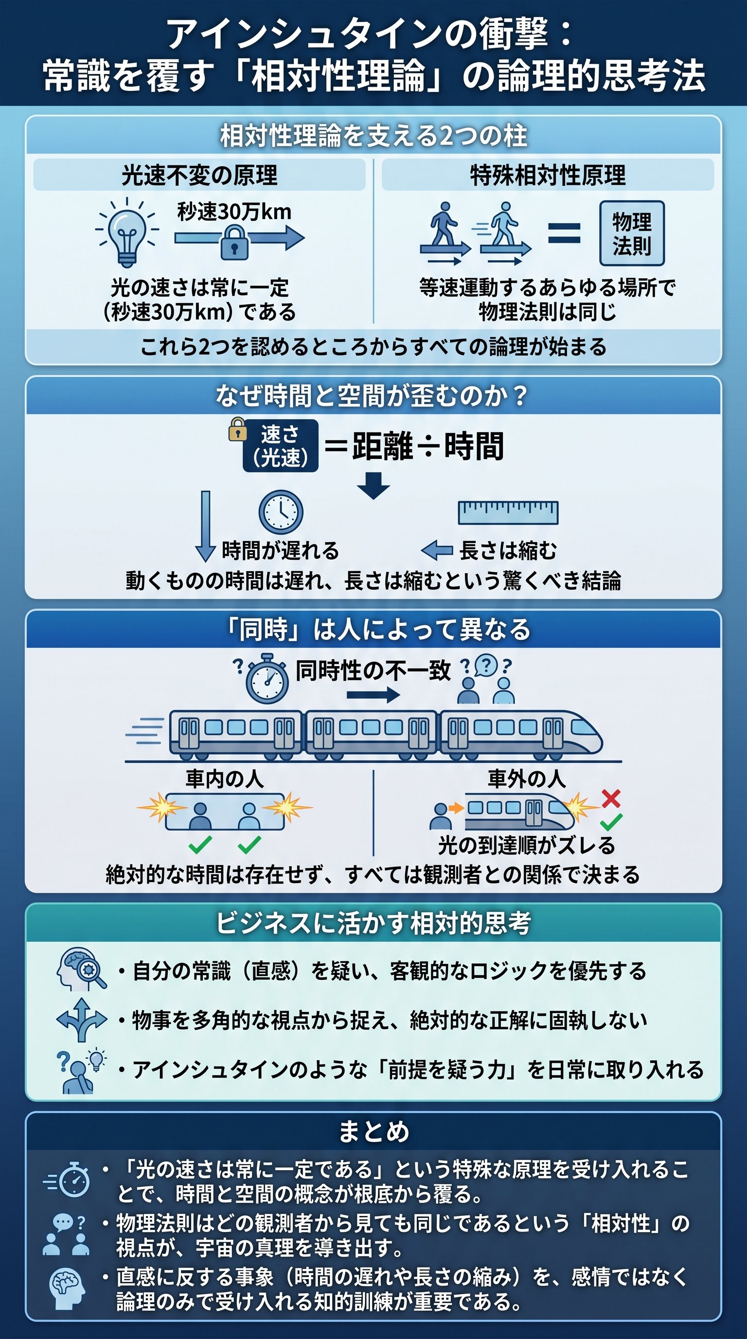 アインシュタインの衝撃：常識を覆す「相対性理論」の論理的思考法を要約 - 1分でわかるスライド要約 (manabi)