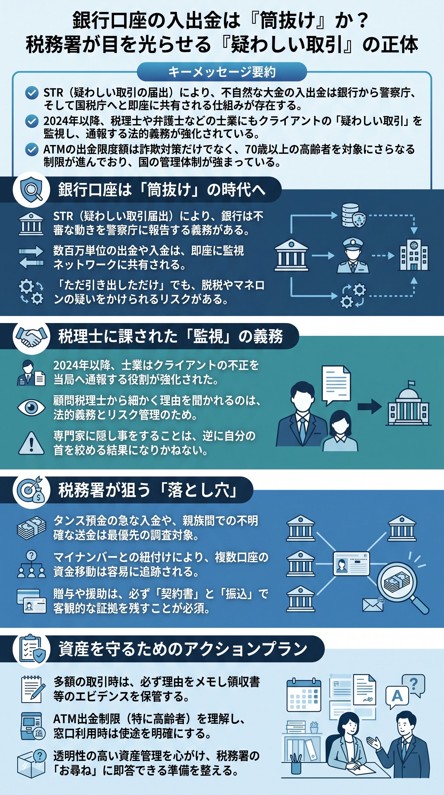 銀行口座の入出金は『筒抜け』か？税務署が目を光らせる『疑わしい取引』の正体 - 1分でわかるスライド要約 (manabi)