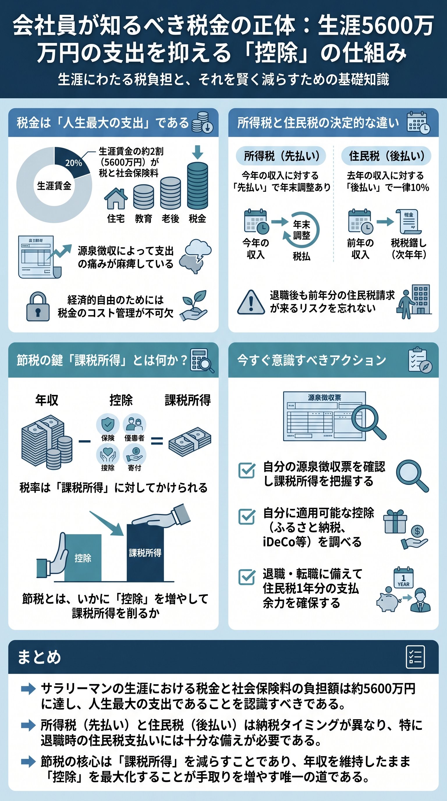 会社員が知るべき税金の正体：生涯5600万円の支出を抑える「控除」の仕組みを要約 - 1分でわかるスライド要約 (manabi)