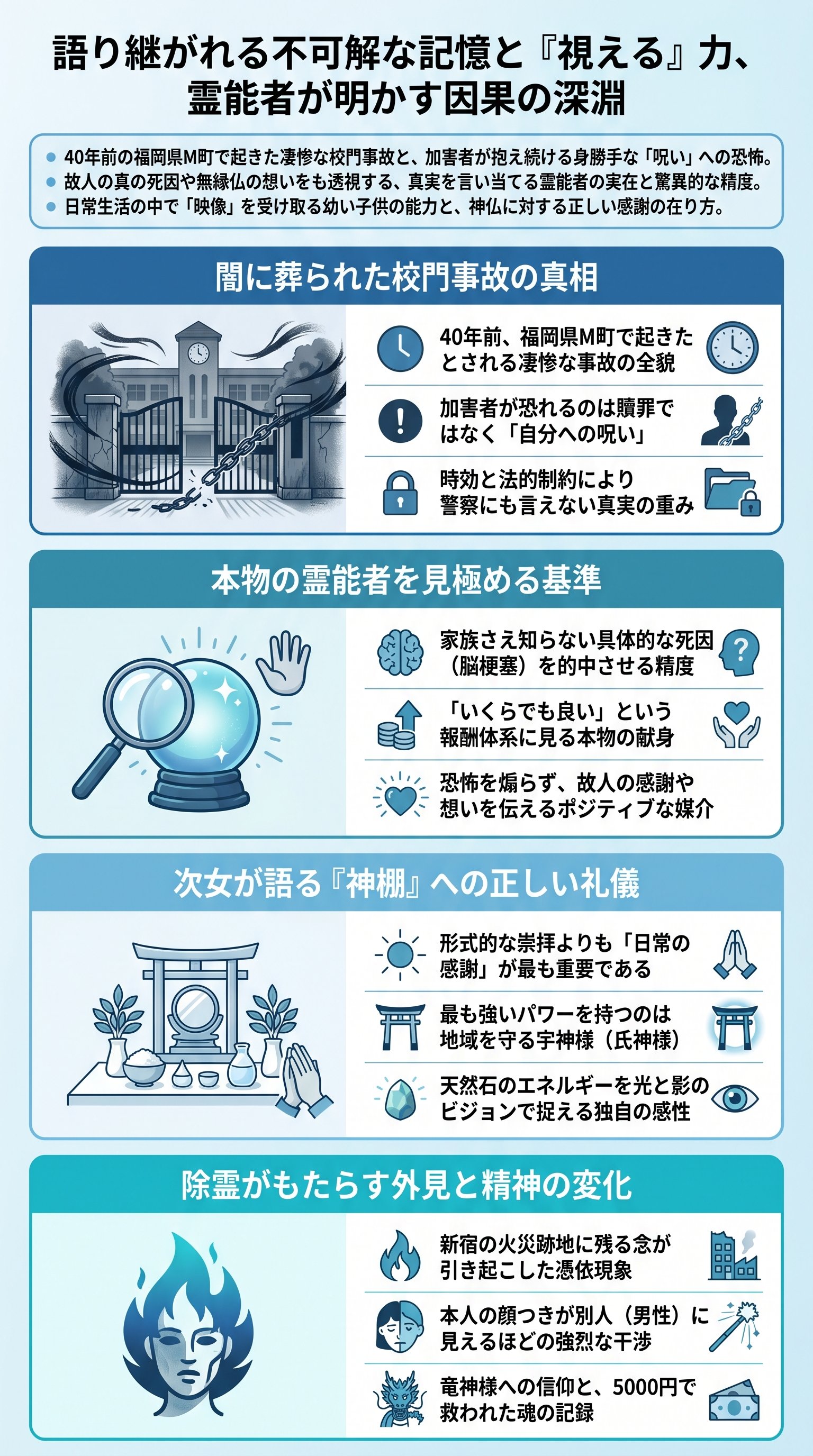 M町校門事故の呪いと霊能者の真実を都市ボーイズが要約 - 1分でわかるスライド要約 (manabi)