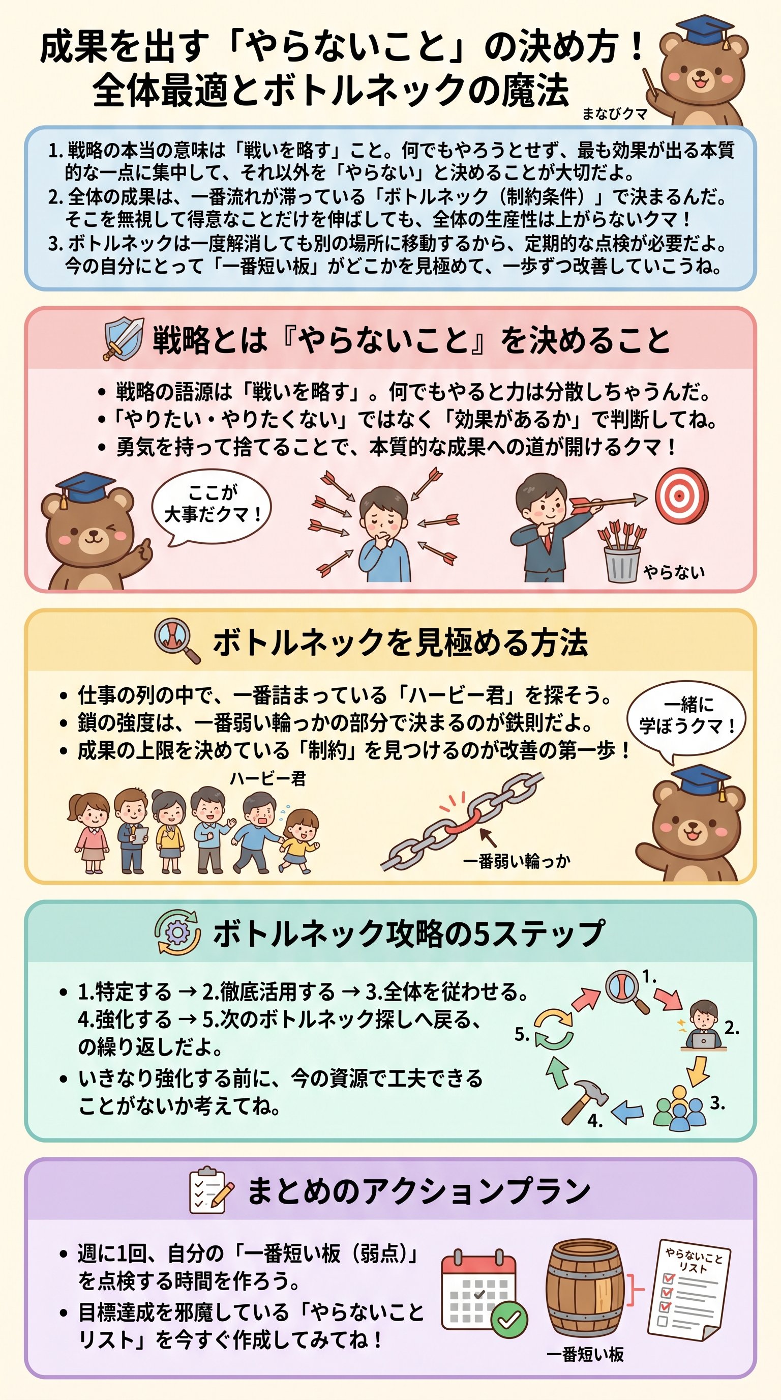 成果を出す「やらないこと」の決め方！全体最適とボトルネックの魔法 - 1分でわかるスライド要約 (manabi)