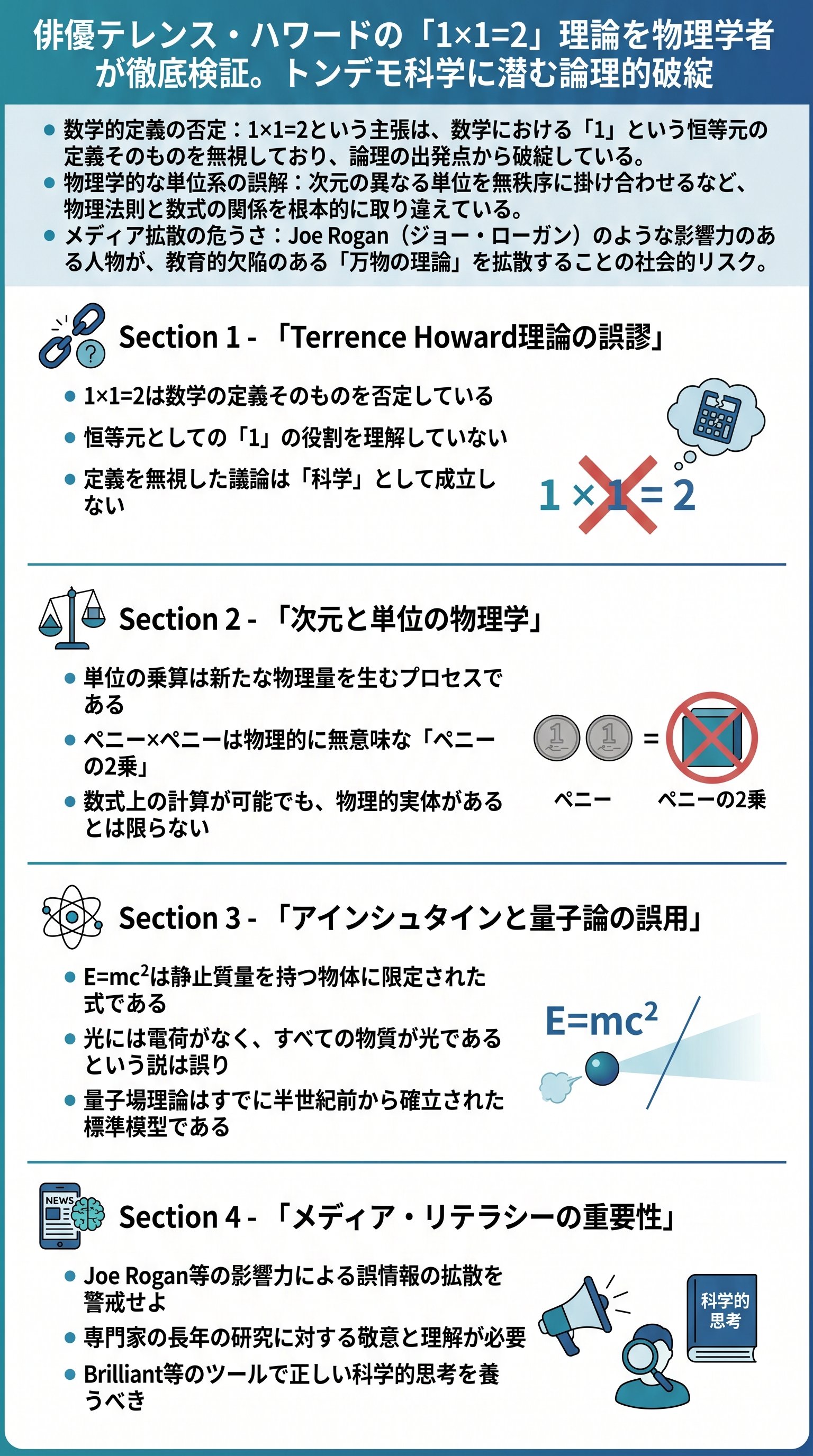 俳優テレンス・ハワードの「1×1=2」理論を物理学者が徹底検証。トンデモ科学に潜む論理的破綻 - 1分でわかるスライド要約 (manabi)
