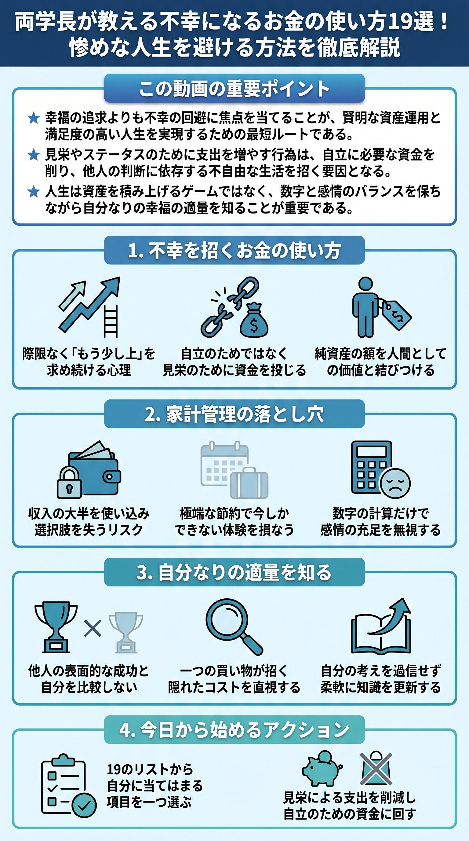 両学長が教える不幸になるお金の使い方19選!惨めな人生を避ける方法を徹底解説 - 1分でわかるスライド要約 (manabi)