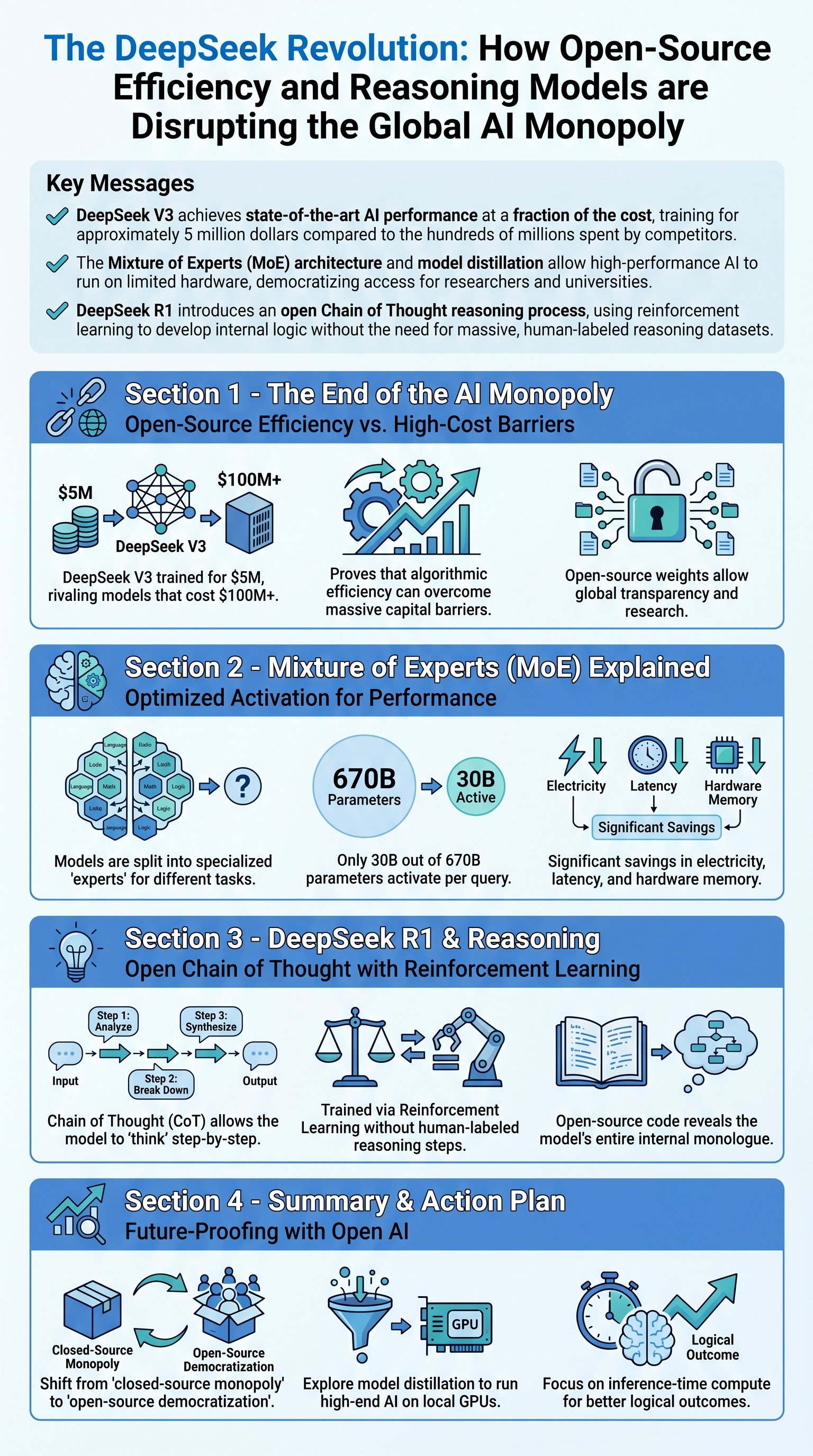 The DeepSeek Revolution: How Open-Source Efficiency and Reasoning Models are Disrupting the Global AI Monopoly - 1分でわかるスライド要約 (manabi)