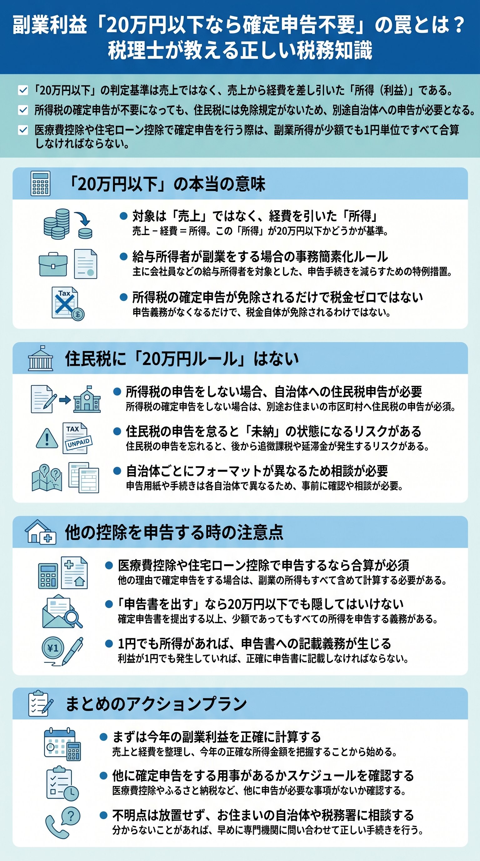 副業の確定申告:20万円以下でも住民税は?税理士が解説を要約 - 1分でわかるスライド要約 (manabi)