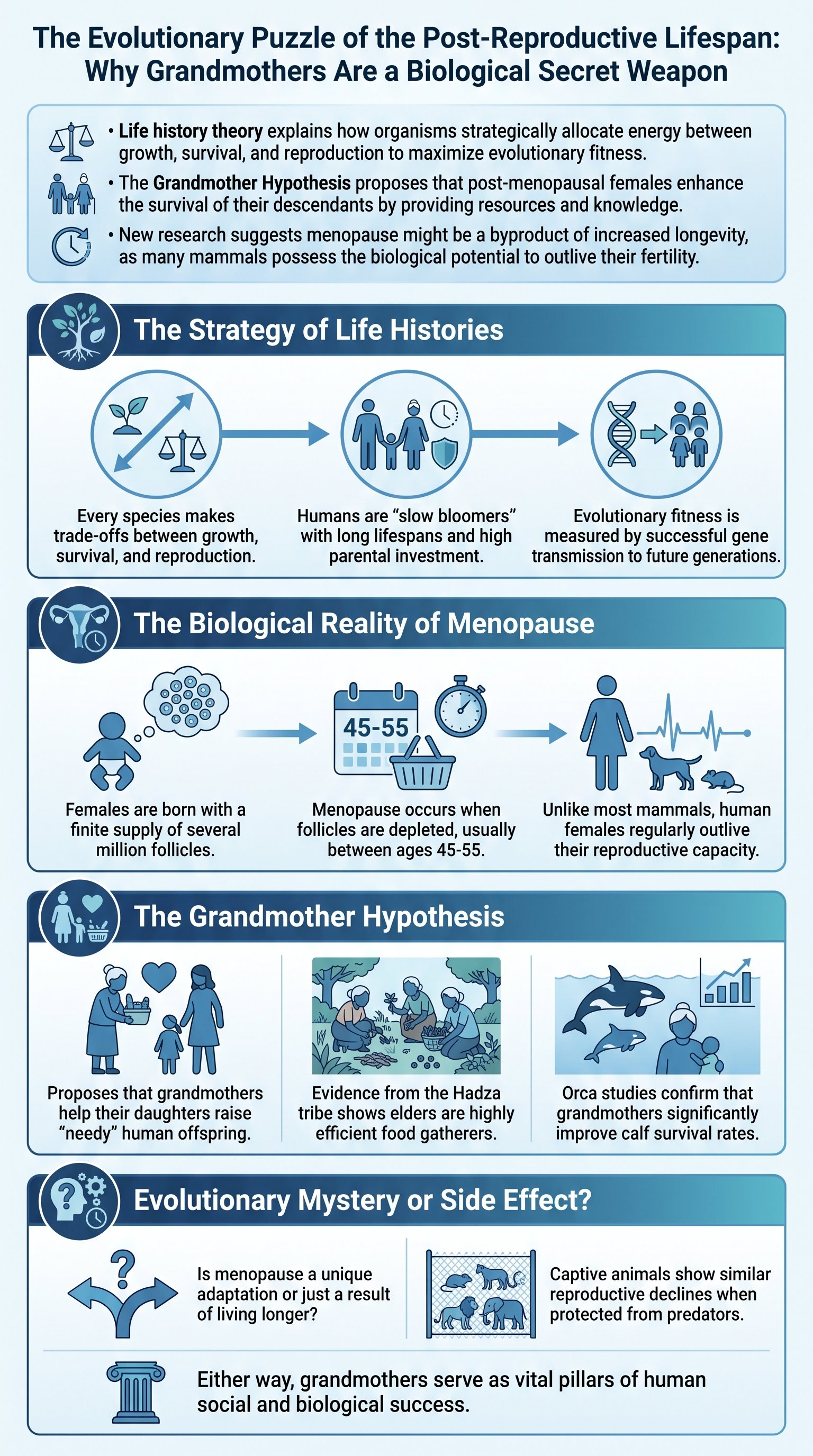The Evolutionary Puzzle of the Post-Reproductive Lifespan: Why Grandmothers Are a Biological Secret Weapon - 1分でわかるスライド要約 (manabi)
