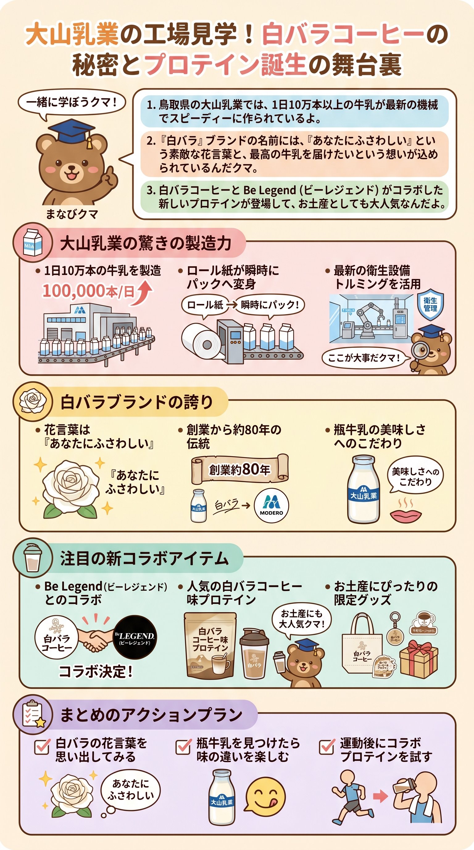 白バラコーヒー味プロテインと大山乳業の工場見学をコアラ小嵐が要約 - 1分でわかるスライド要約 (manabi)