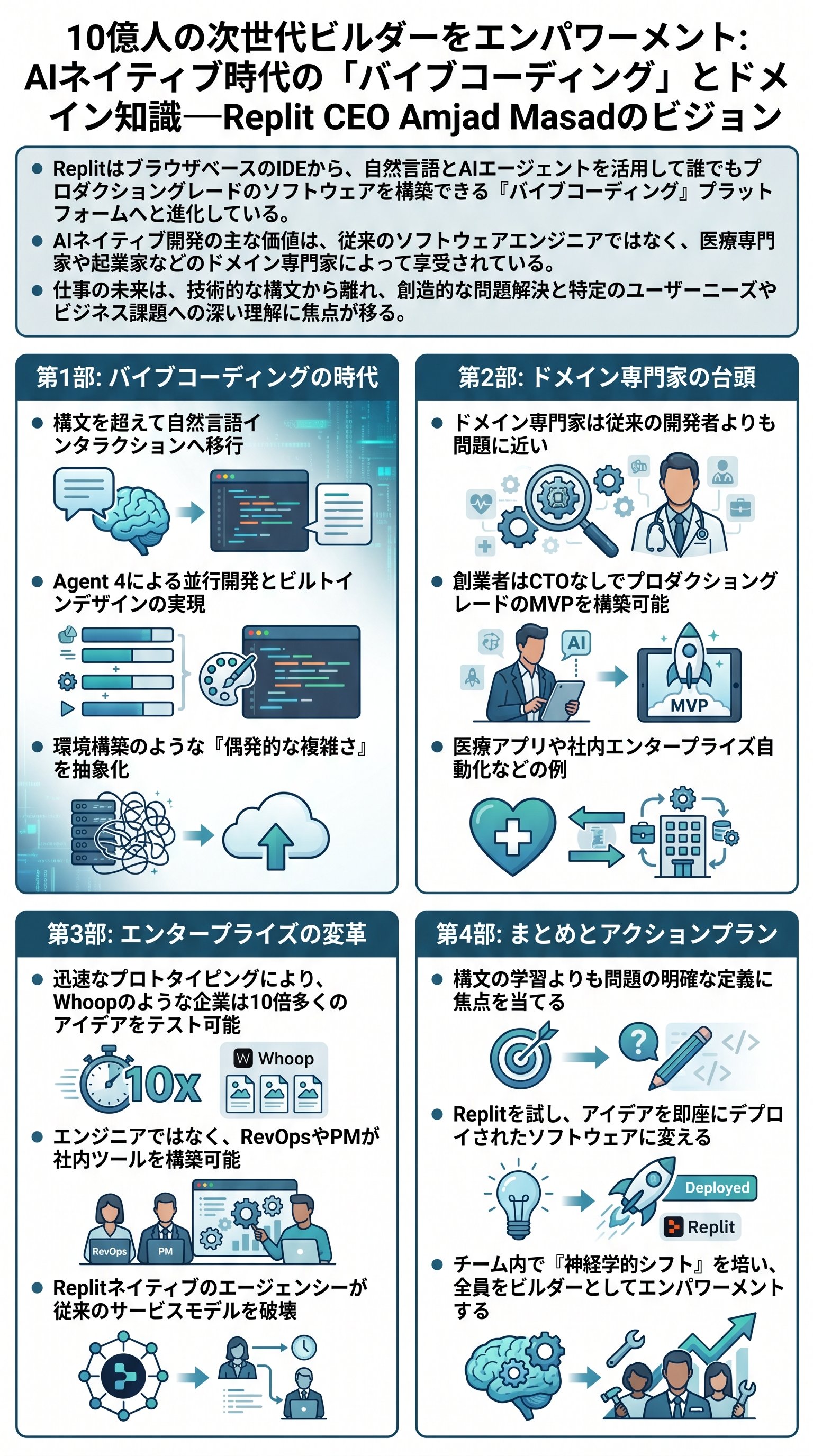 Empowering the Next Billion Builders: Replit CEO Amjad Masad on the Era of AI-Native Vibe Coding and Domain Expertise - 1分でわかるスライド要約 (manabi)