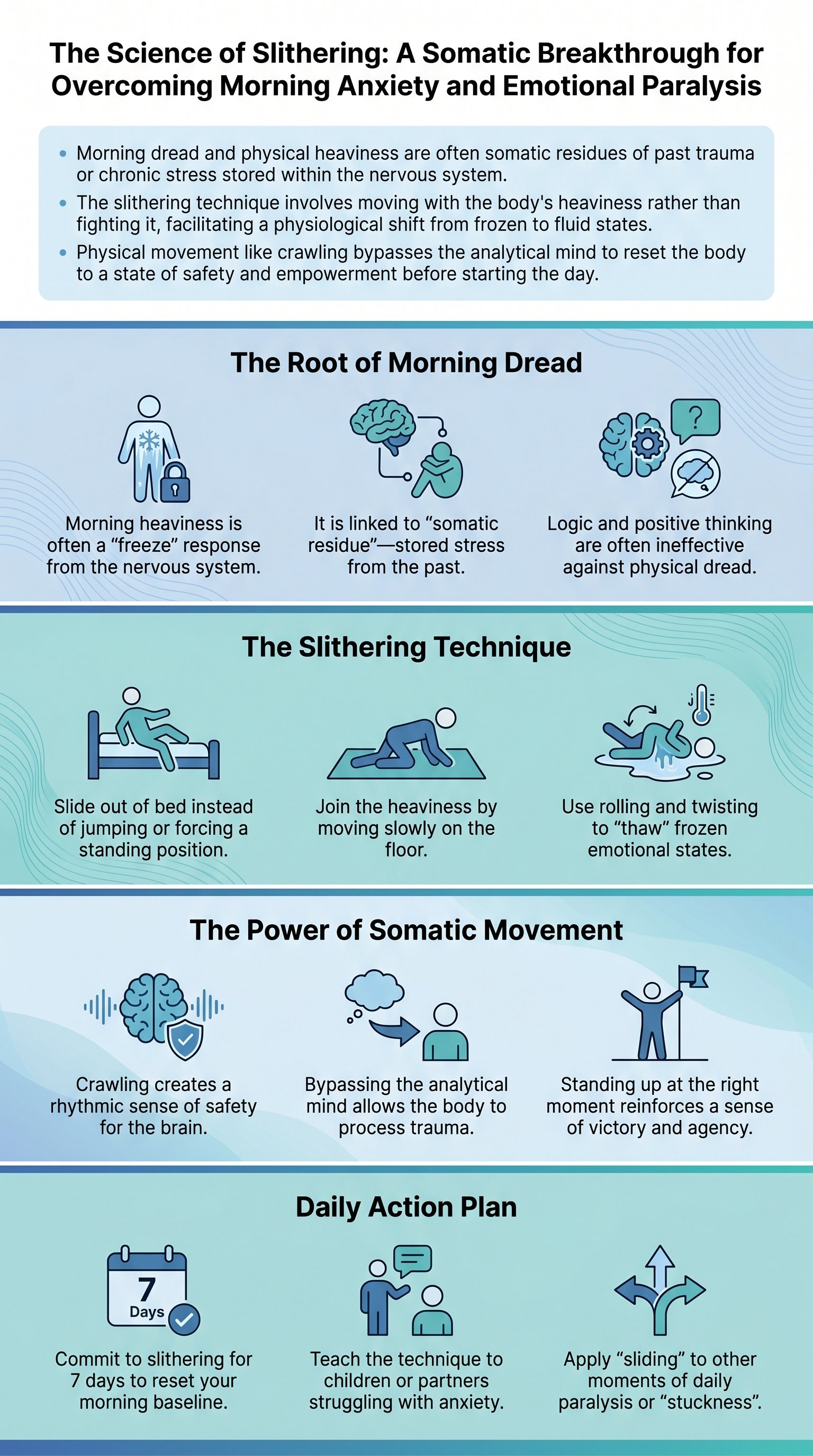 The Science of Slithering: A Somatic Breakthrough for Overcoming Morning Anxiety and Emotional Paralysis - 1分でわかるスライド要約 (manabi)