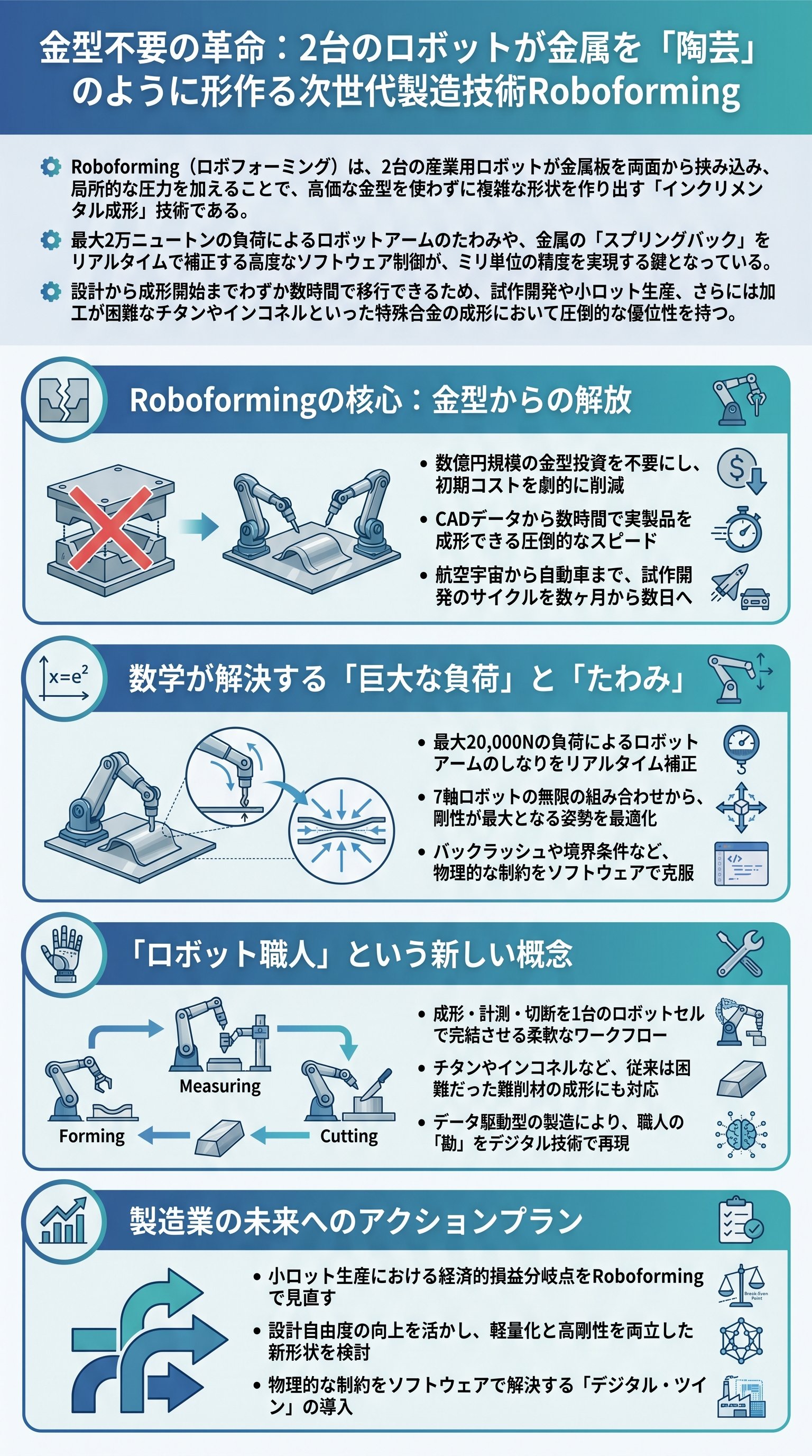 金型不要の革命：2台のロボットが金属を「陶芸」のように形作る次世代製造技術Roboforming - 1分でわかるスライド要約 (manabi)
