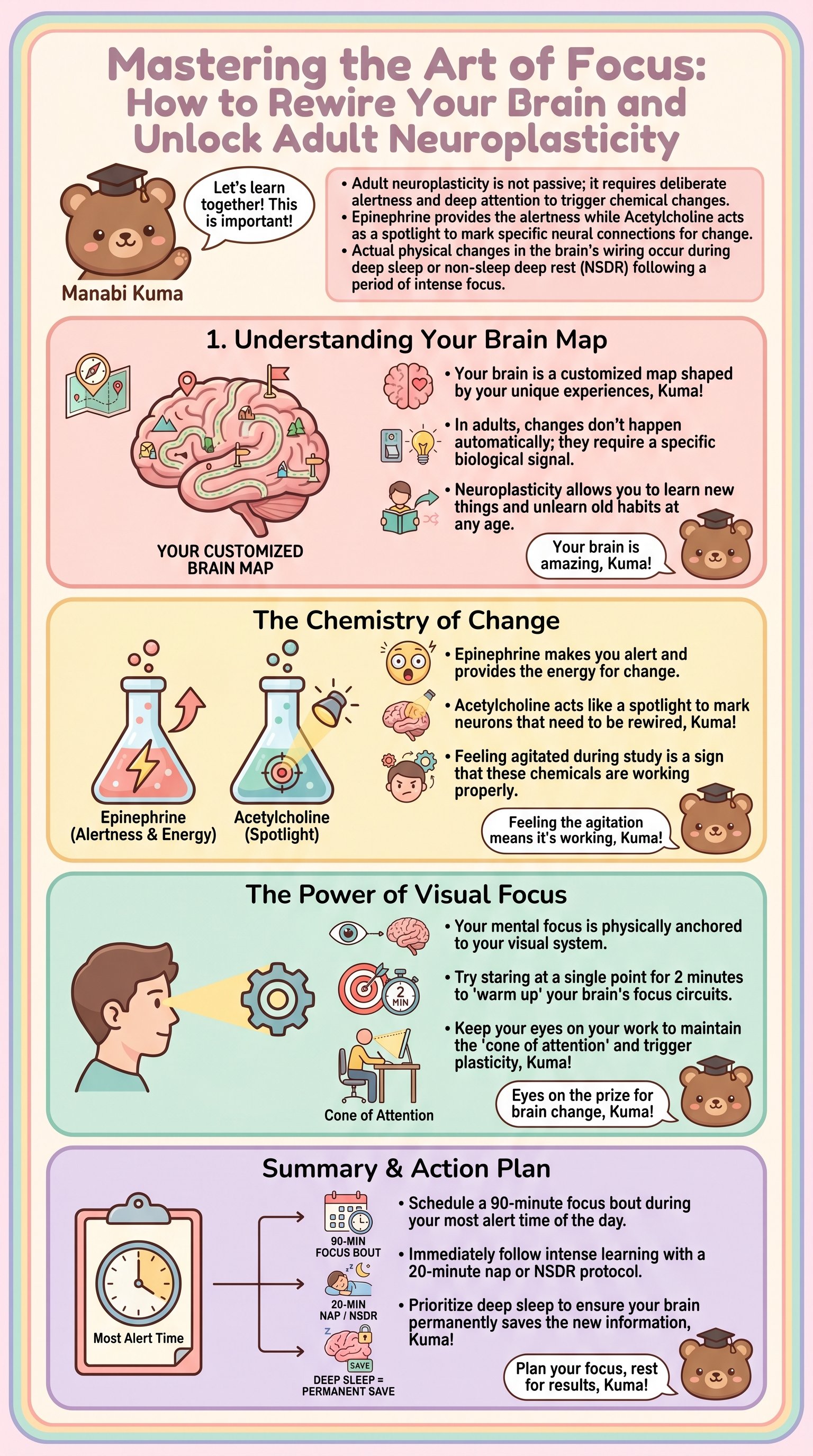 Mastering the Art of Focus: How to Rewire Your Brain and Unlock Adult Neuroplasticity - 1分でわかるスライド要約 (manabi)