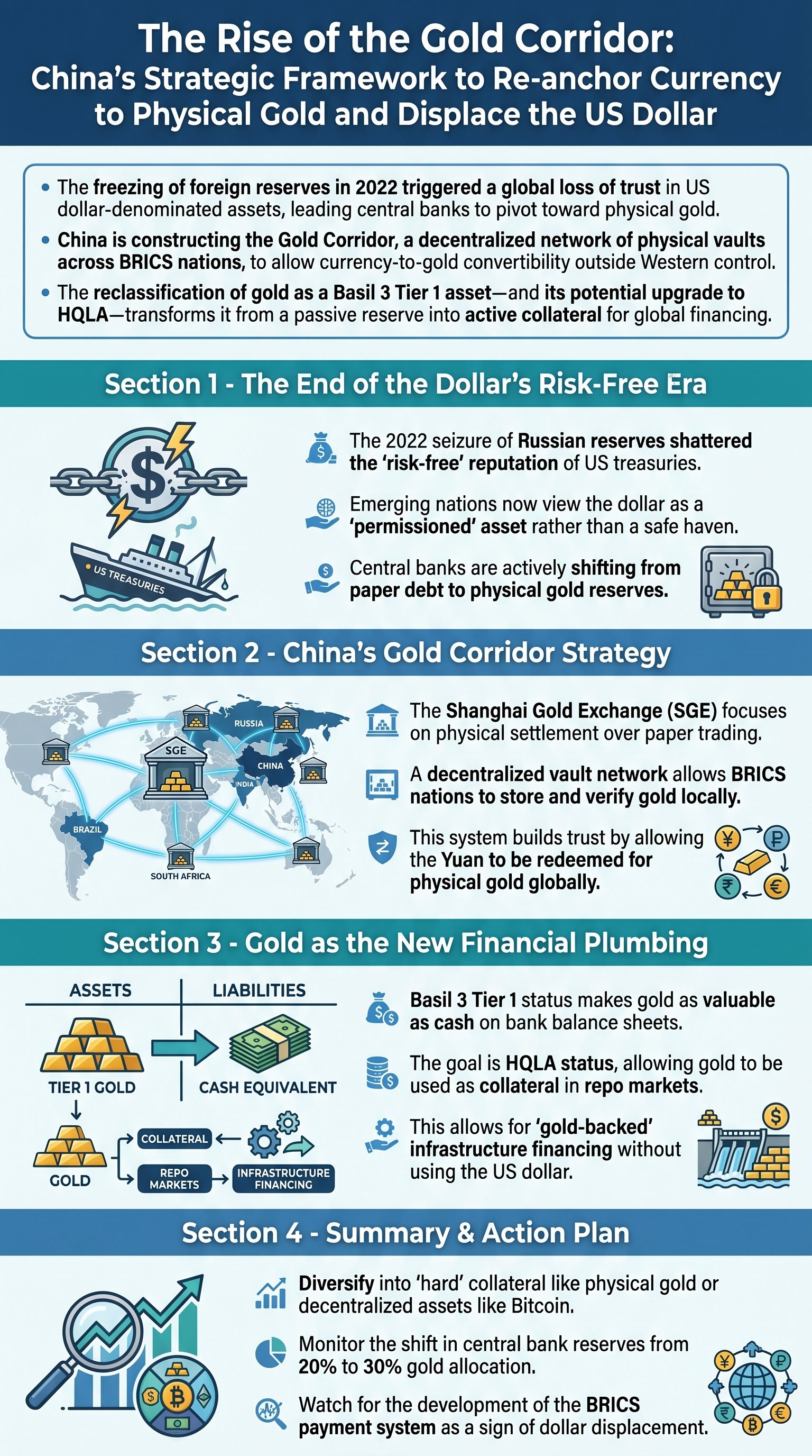 The Rise of the Gold Corridor: China’s Strategic Framework to Re-anchor Currency to Physical Gold and Displace the US Dollar - 1分でわかるスライド要約 (manabi)