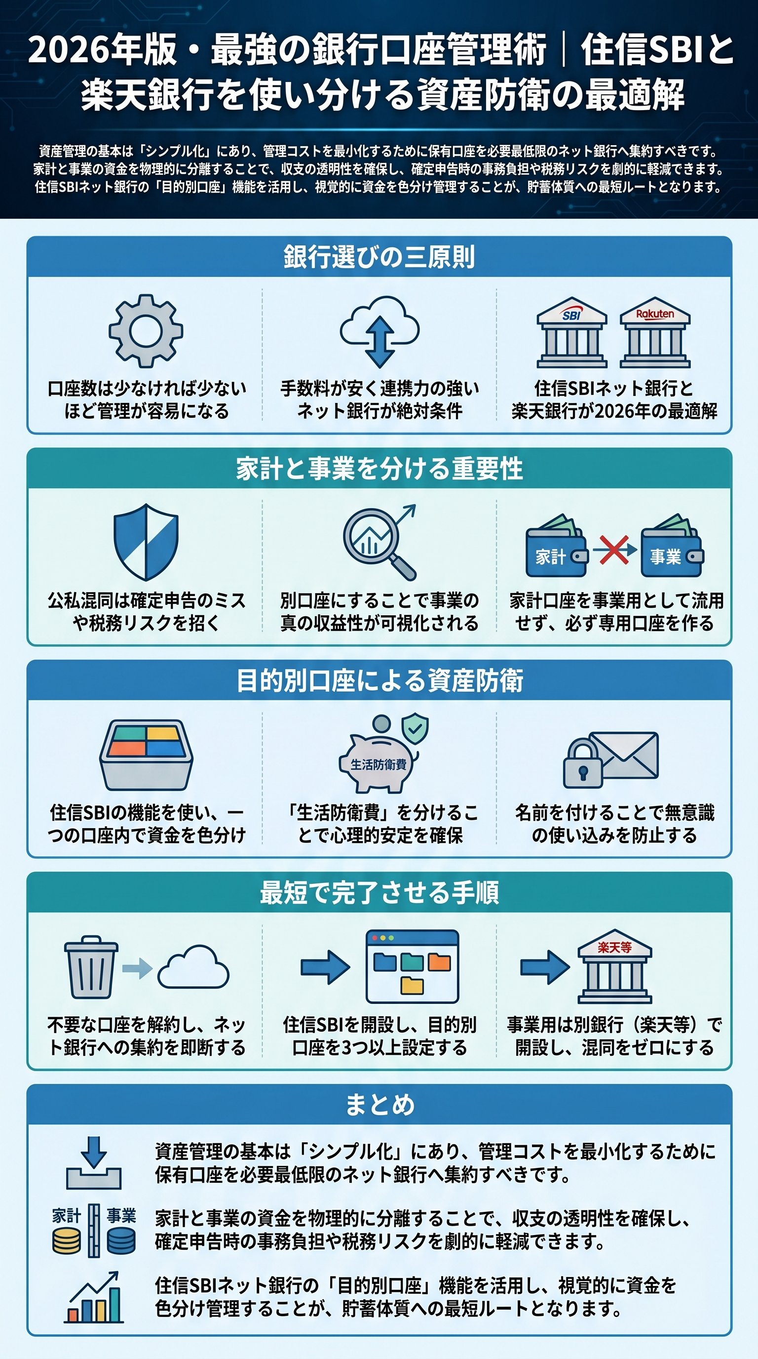 2026年版・最強の銀行口座管理術｜住信SBIと楽天銀行を使い分ける資産防衛の最適解を要約 - 1分でわかるスライド要約 (manabi)