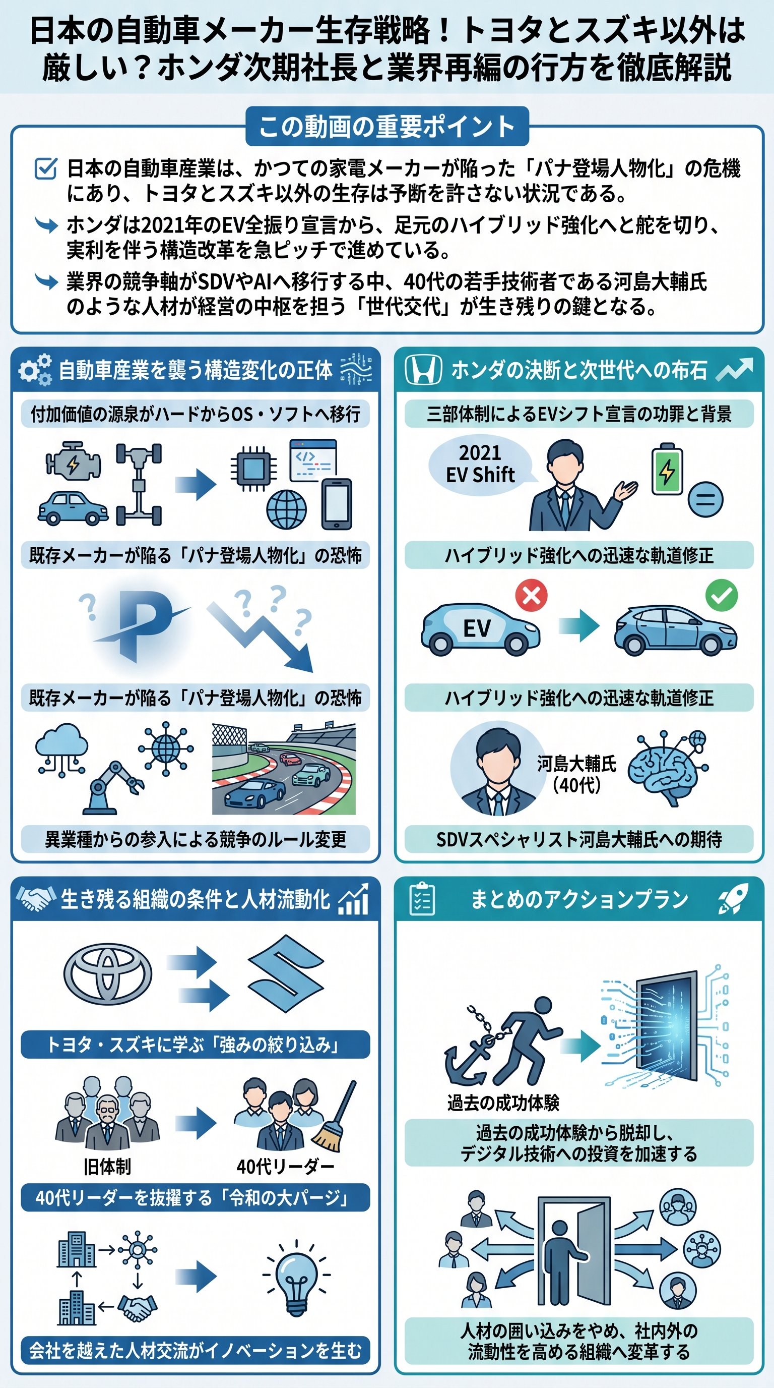 日本の自動車メーカー生存戦略！トヨタとスズキ以外は厳しい？ホンダ次期社長と業界再編の行方を徹底解説 - 1分でわかるスライド要約 (manabi)