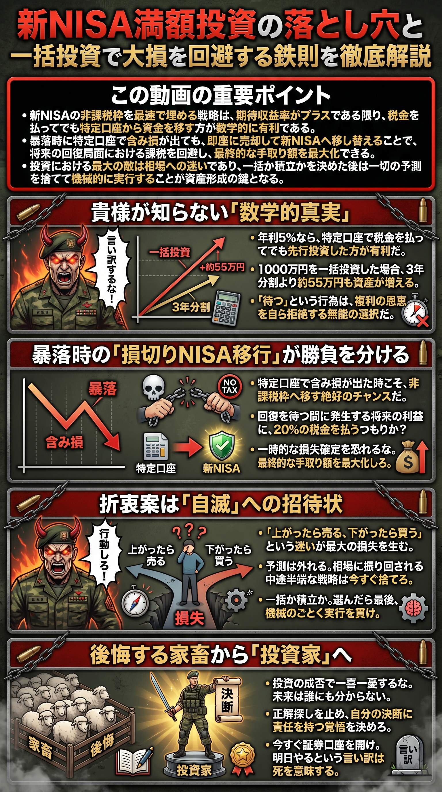新NISA満額投資の落とし穴と一括投資で大損を回避する鉄則を徹底解説 - 1分でわかるスライド要約 (manabi)