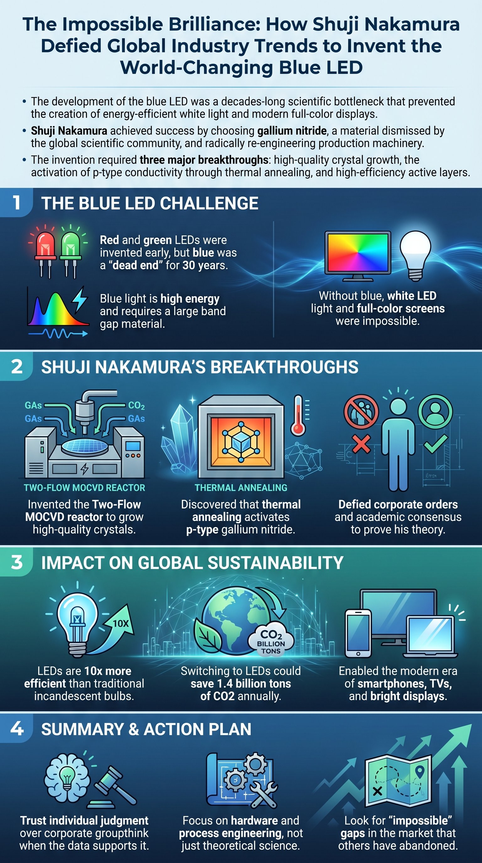 The Impossible Brilliance: How Shuji Nakamura Defied Global Industry Trends to Invent the World-Changing Blue LED - 1分でわかるスライド要約 (manabi)