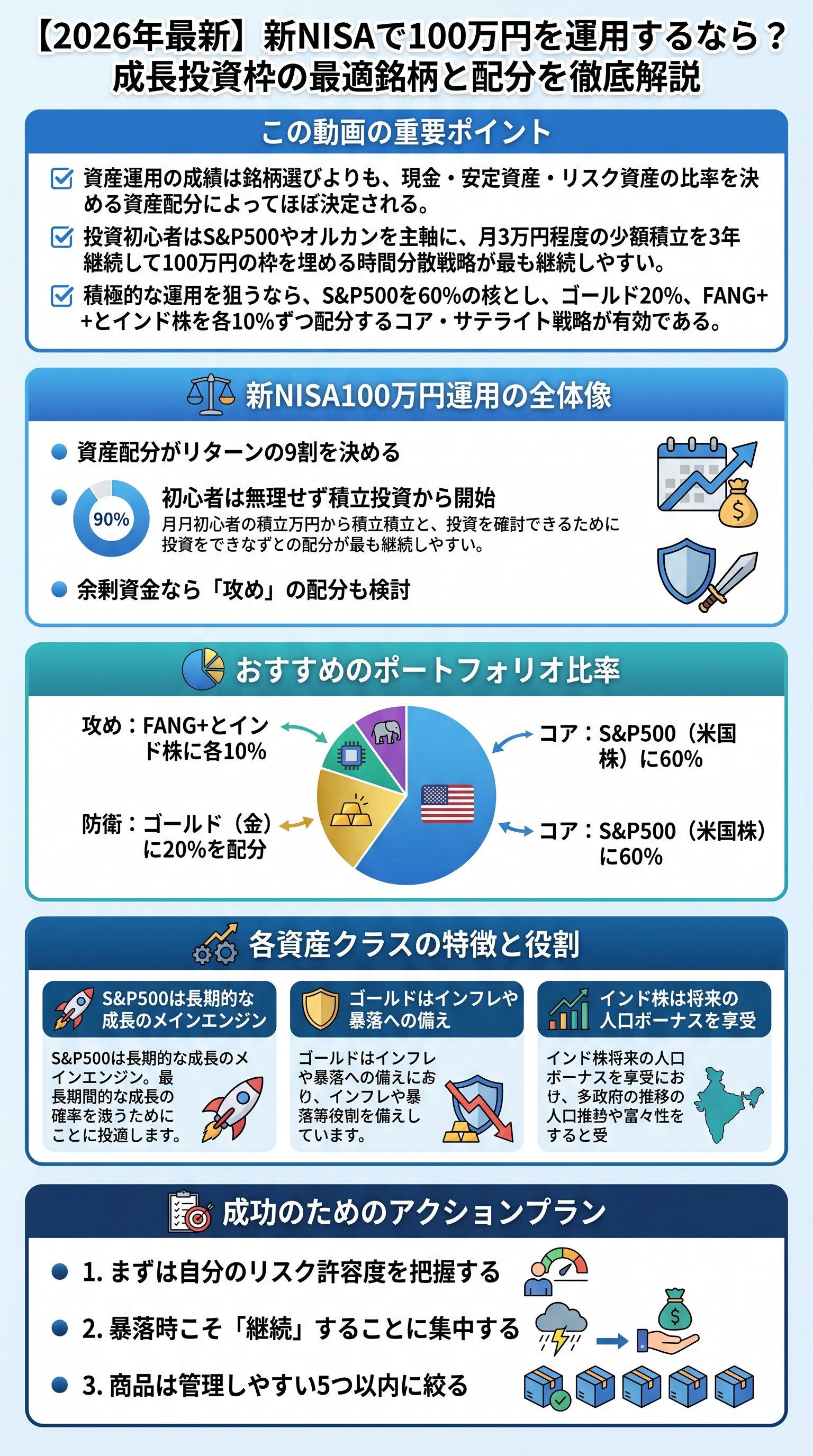 【2026年最新】新NISAで100万円を運用するなら？成長投資枠の最適銘柄と配分を徹底解説 - 1分でわかるスライド要約 (manabi)