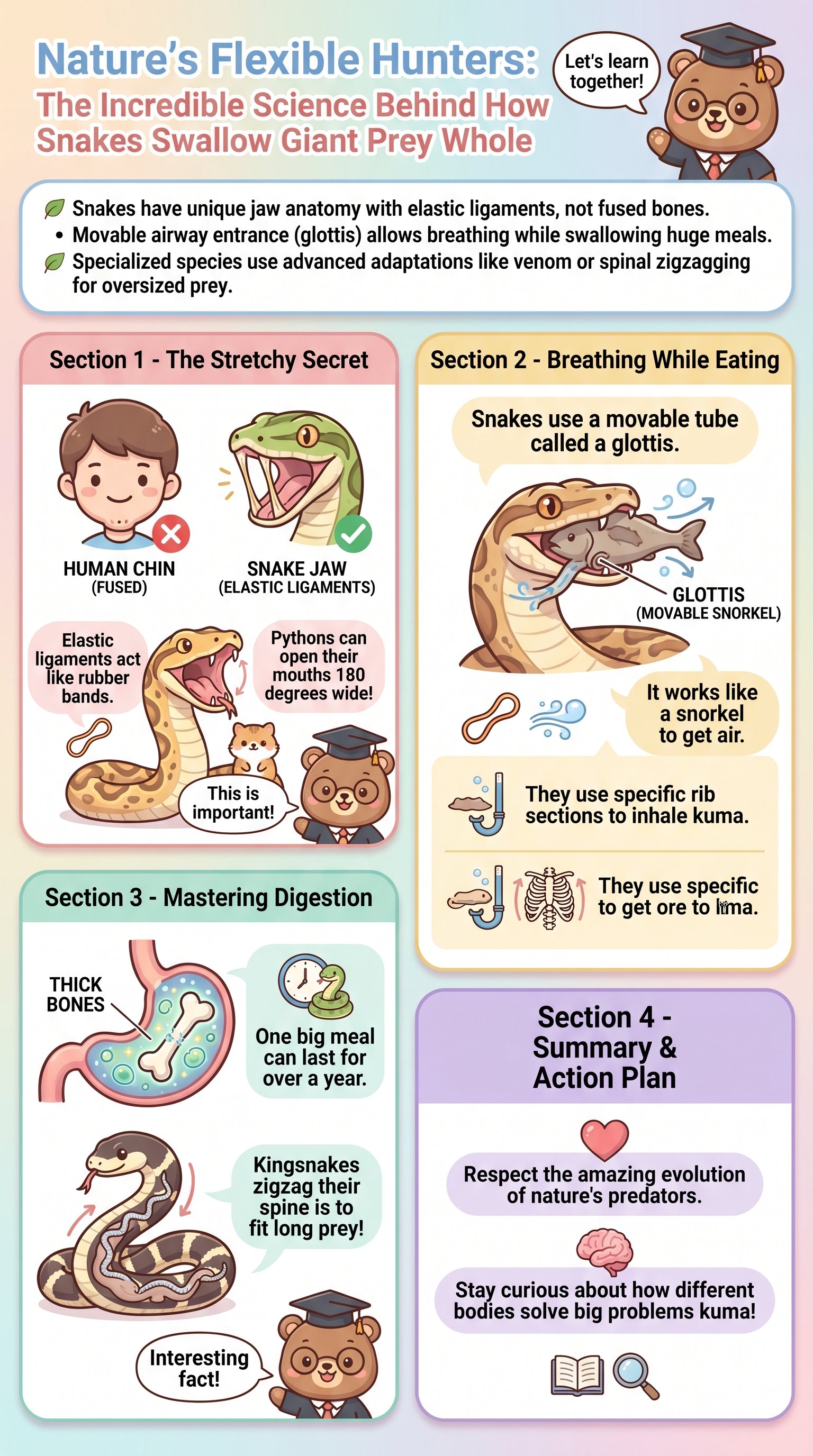 Nature's Flexible Hunters: The Incredible Science Behind How Snakes Swallow Giant Prey Whole - 1分でわかるスライド要約 (manabi)