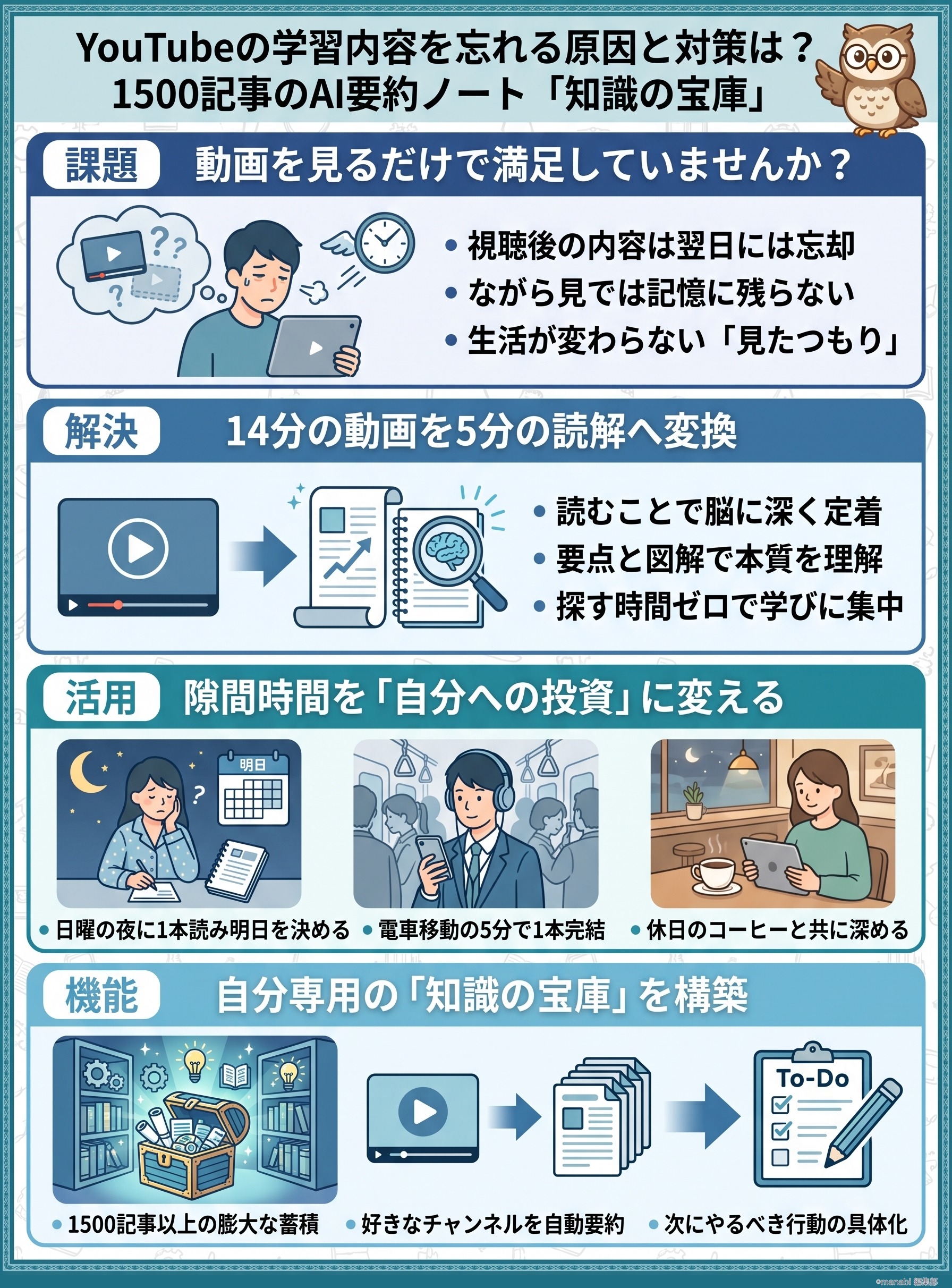 YouTubeの学習内容を忘れる原因と対策は?1500記事のAI要約ノート「知識の宝庫」をmanabi開発室の動画から要約 - 1分でわかるスライド要約 (manabi)