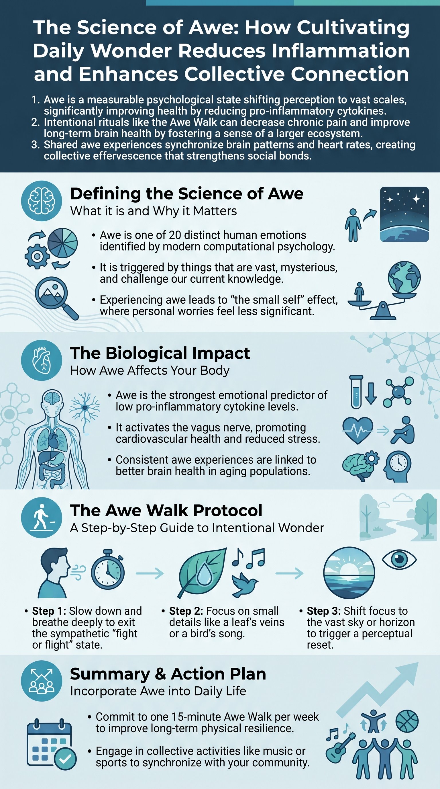 The Science of Awe: How Cultivating Daily Wonder Reduces Inflammation and Enhances Collective Connection - 1分でわかるスライド要約 (manabi)