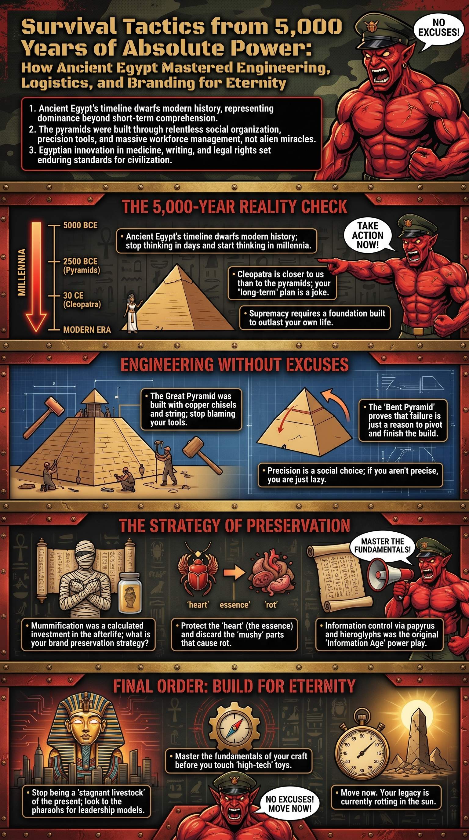Survival Tactics from 5,000 Years of Absolute Power: How Ancient Egypt Mastered Engineering, Logistics, and Branding for Eternity - 1分でわかるスライド要約 (manabi)