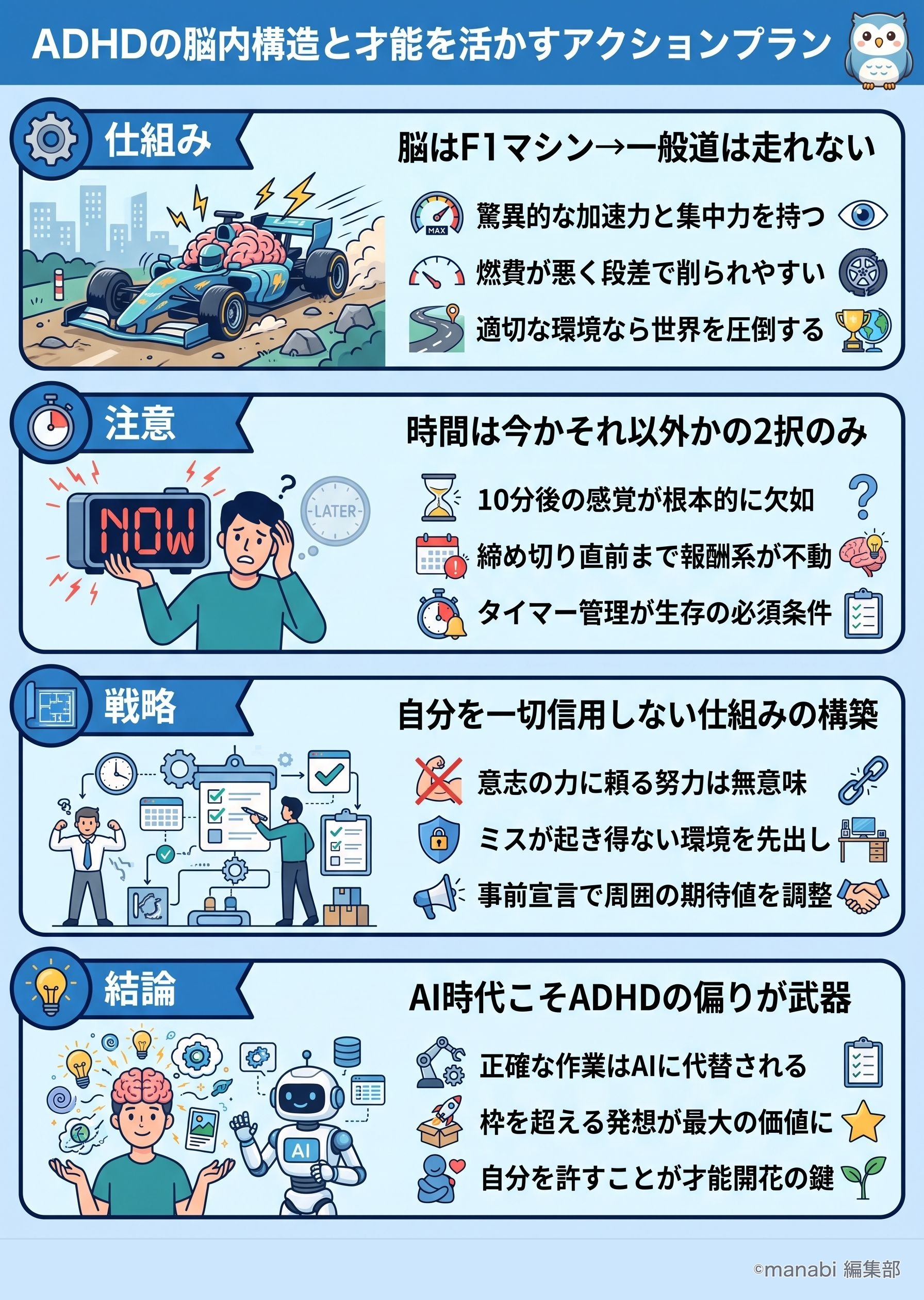 マコなり社長のADHD解説|なぜADHDの人は当たり前ができないのか? - 1分でわかるスライド要約 (manabi)
