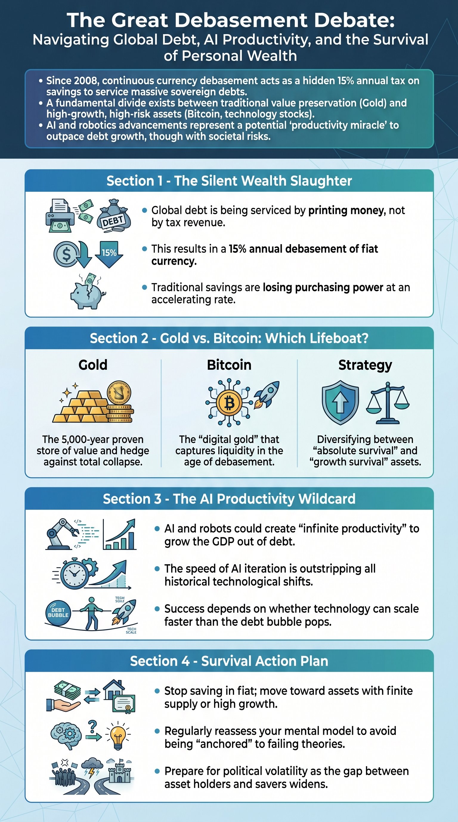 The Great Debasement Debate: Navigating Global Debt, AI Productivity, and the Survival of Personal Wealth - 1分でわかるスライド要約 (manabi)