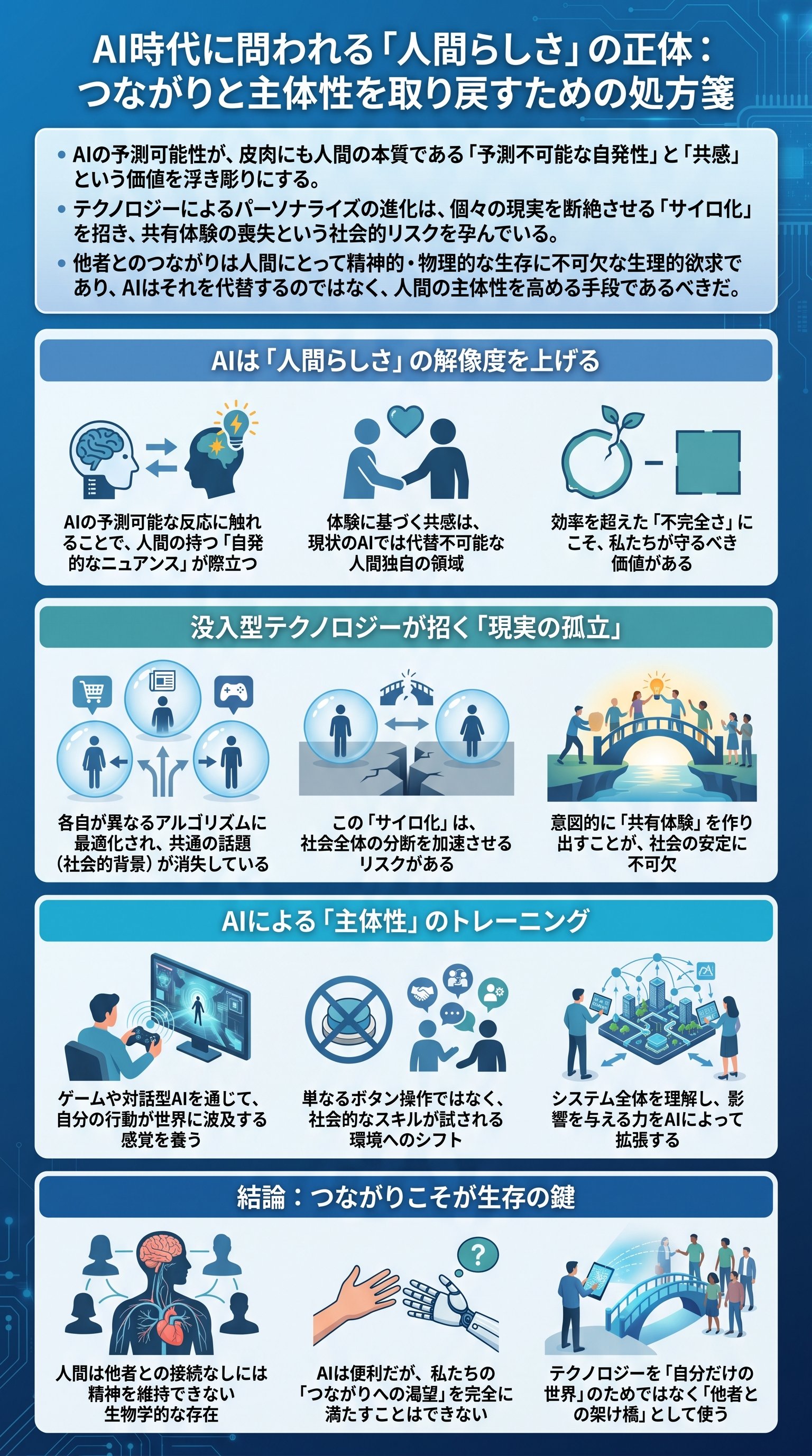 AI時代に問われる「人間らしさ」の正体：つながりと主体性を取り戻すための処方箋 - 1分でわかるスライド要約 (manabi)