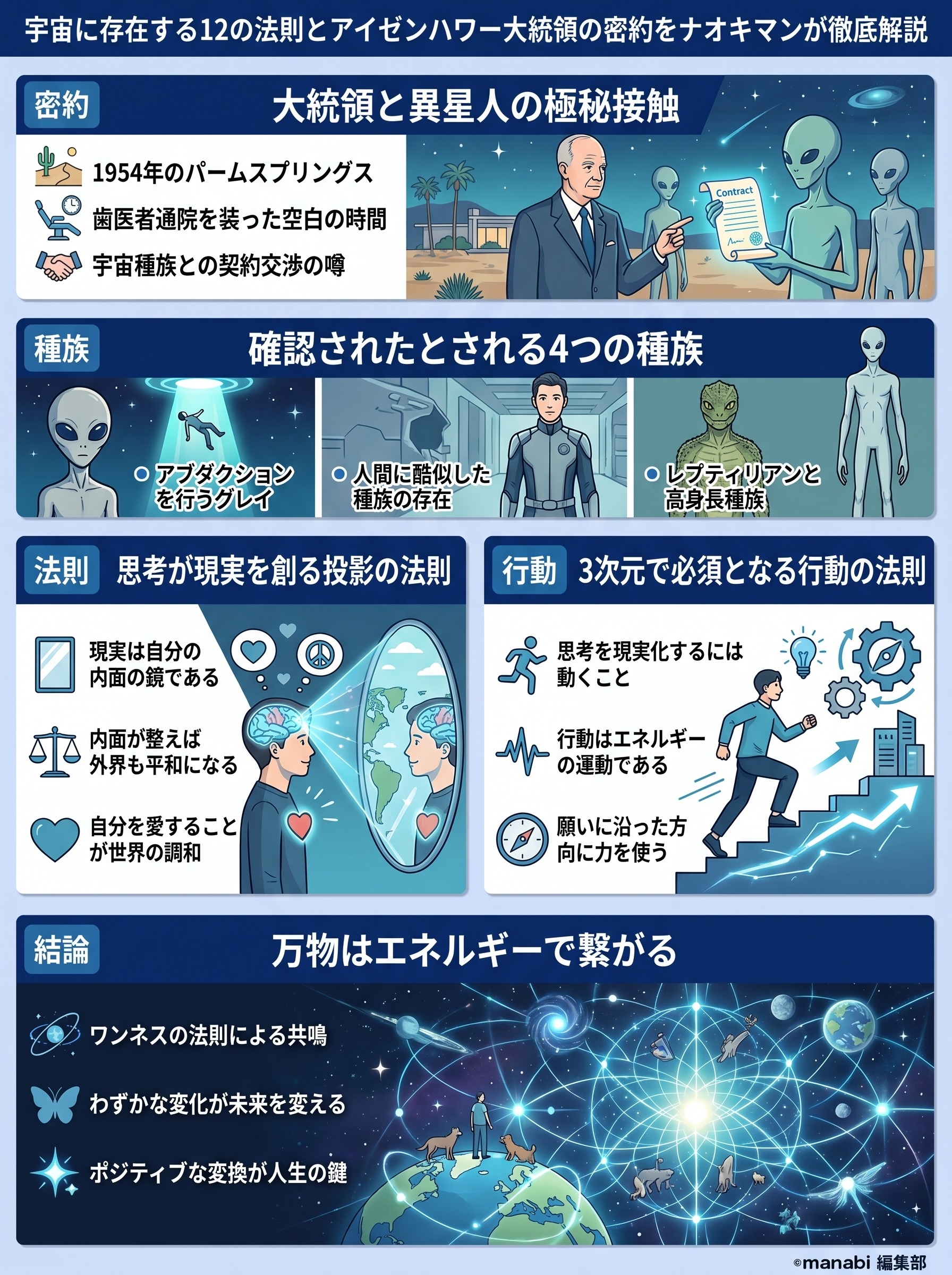 宇宙の12の法則とは何か？ナオキマンが語るアイゼンハワー大統領の密約を要約 - 1分でわかるスライド要約 (manabi)